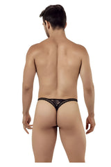 Black candyMan 99420 double lace thong featuring a delicate intricate mesh pattern in a back view