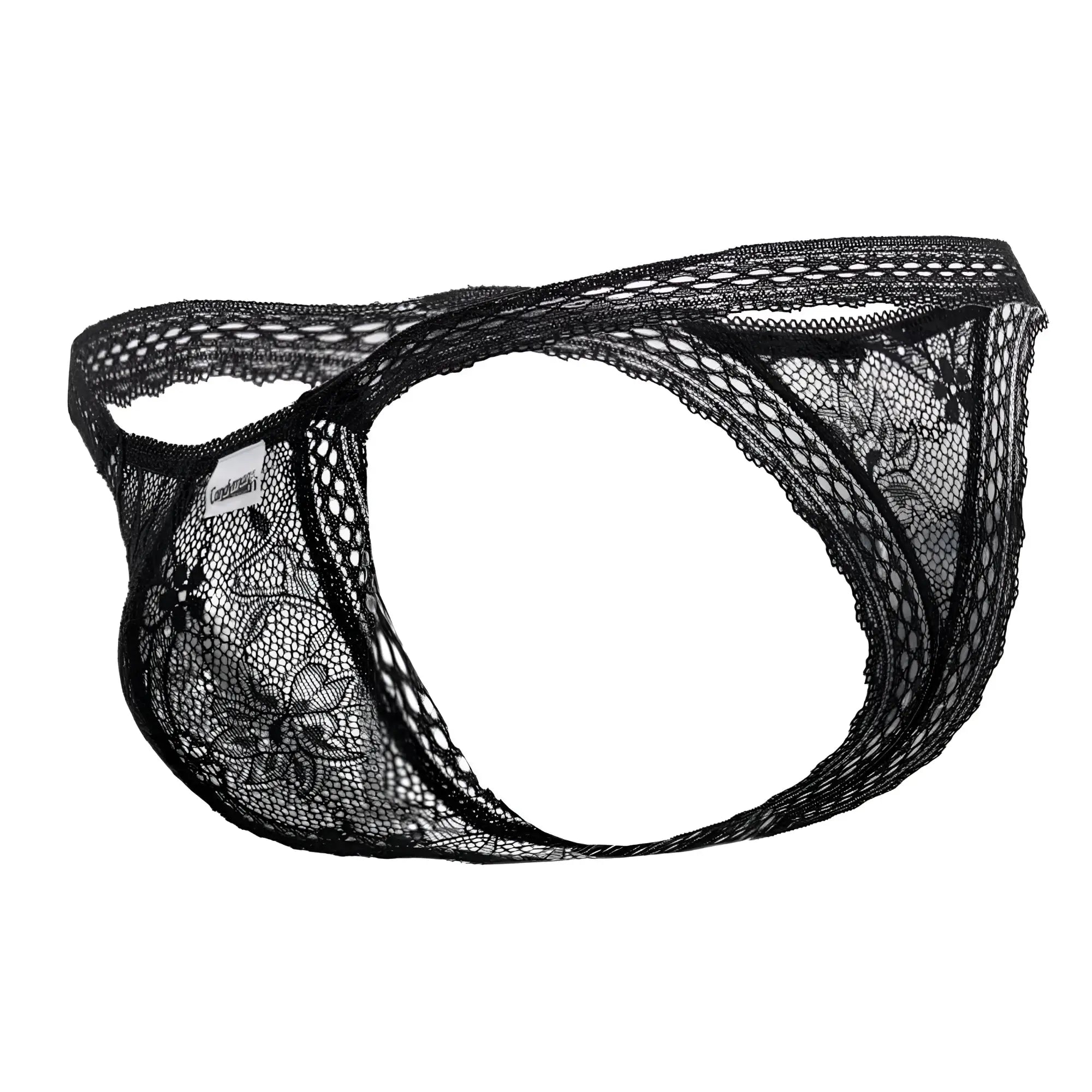 Black lace thong candyMan 99420 with floral pattern and sheer mesh design in black color, front view