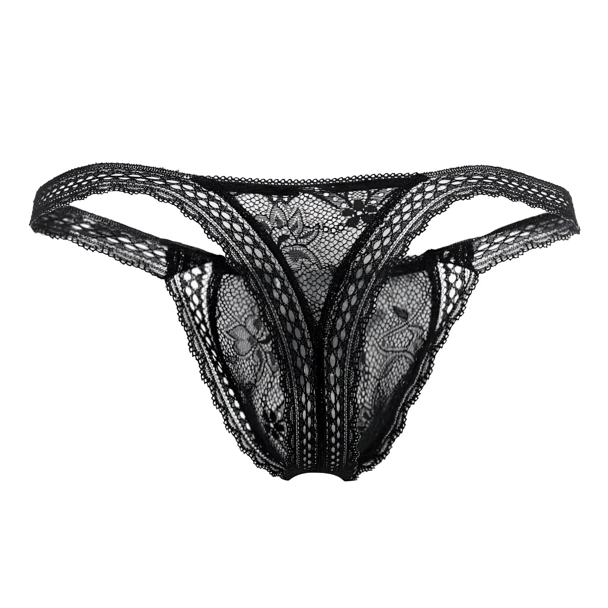 CandyMan 99420 black lace thong with intricate floral patterns and sheer mesh texture for elegant lingerie wear