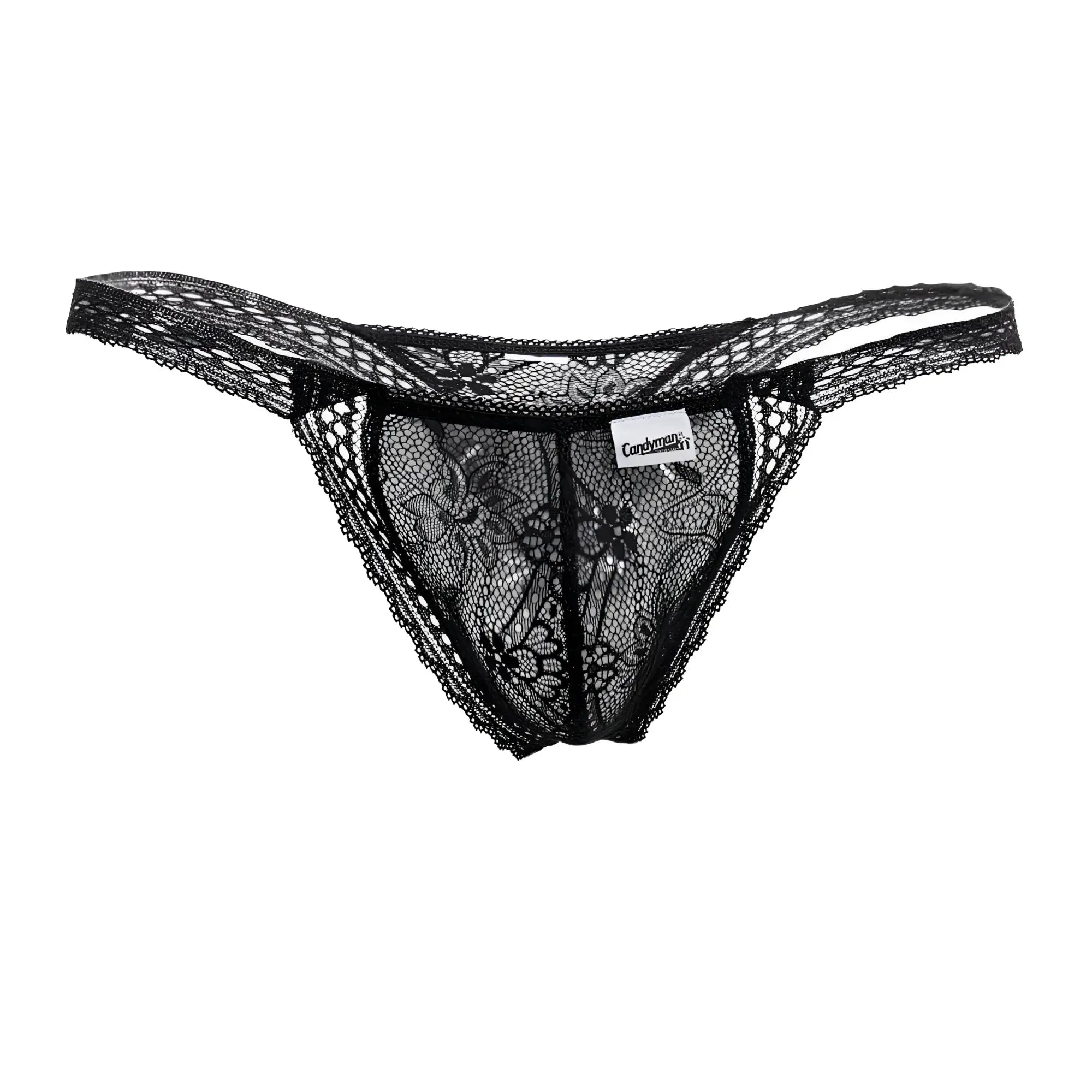 Black candyMan 99420 double lace thong with intricate floral patterns and delicate sheer design