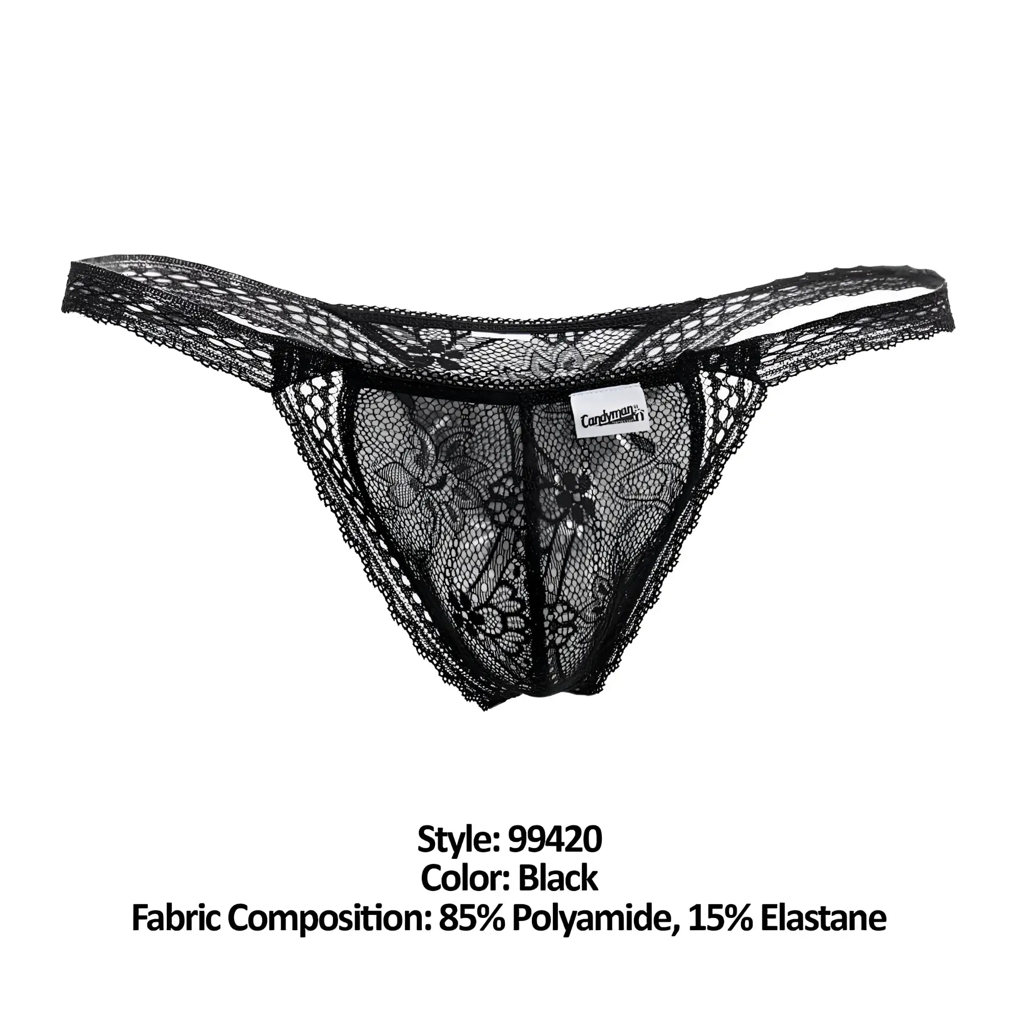 CandyMan 99420 double lace thong in black with intricate floral patterns and a delicate sheer design