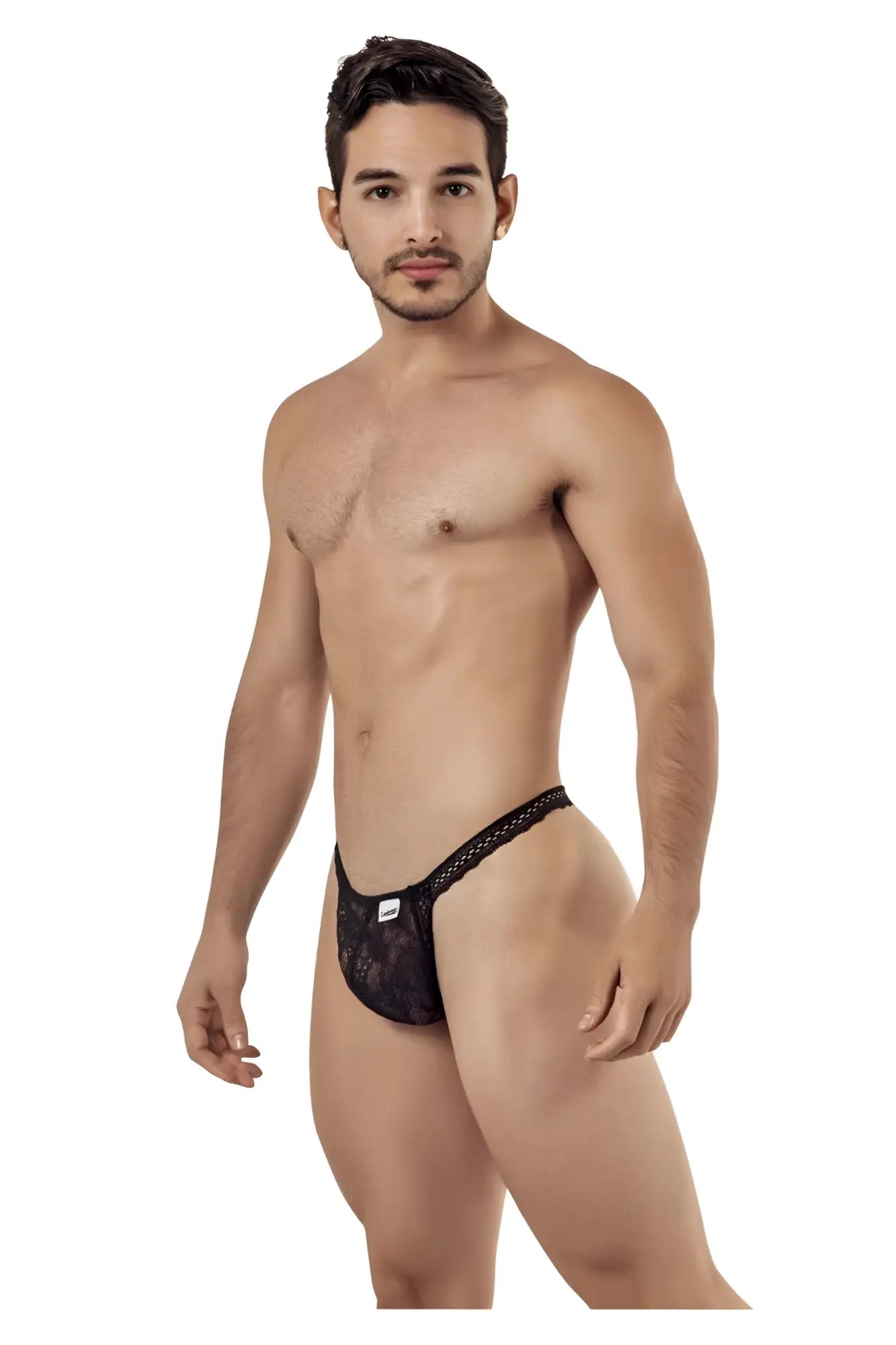 Black candyMan 99420 double lace thong with a subtle pattern and small white brand tag at the front