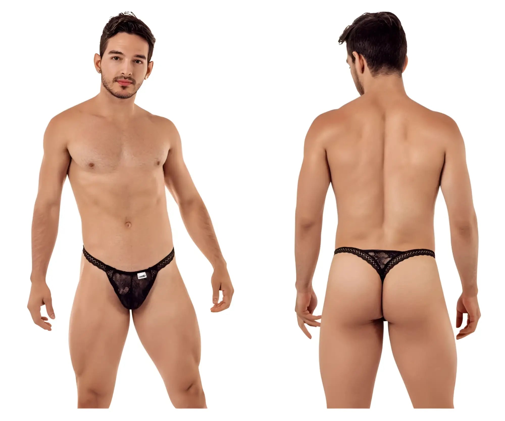 Black candyMan 99420 double lace thong with small white brand tag on front made of delicate lace material