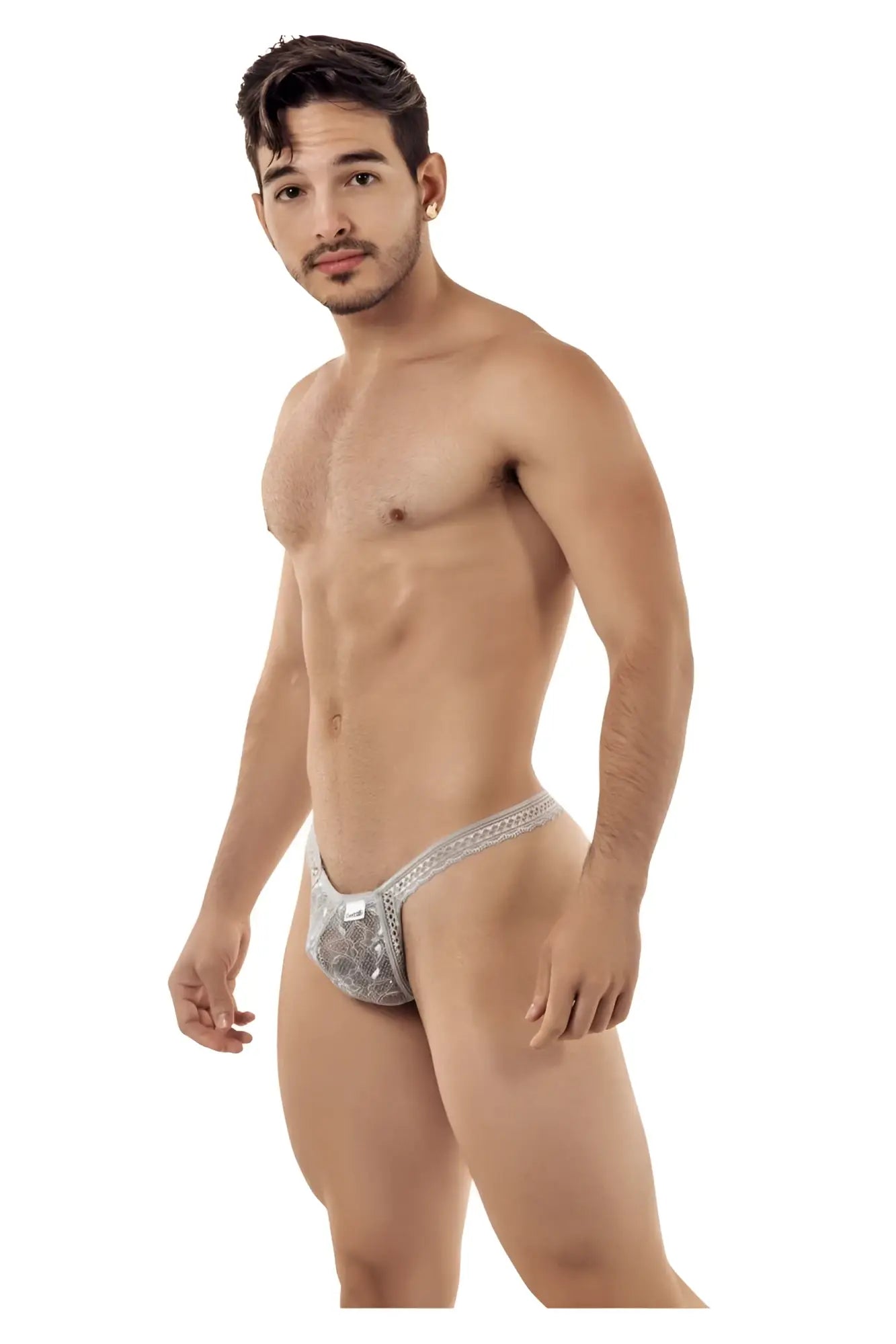 CandyMan 99420 double lace thongs gray silver sparkly lace-trimmed briefs with a subtle pattern