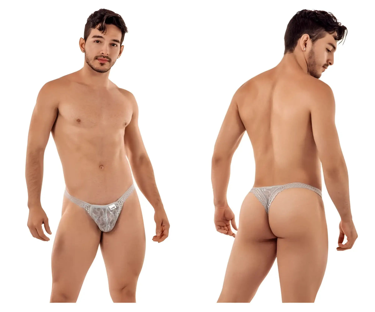 Silver lace thong with intricate pattern and small metallic logo in gray from candyman 99420 double lace thongs collection