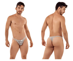 Silver lace thong with intricate pattern and small metallic logo in gray from candyman 99420 double lace thongs collection