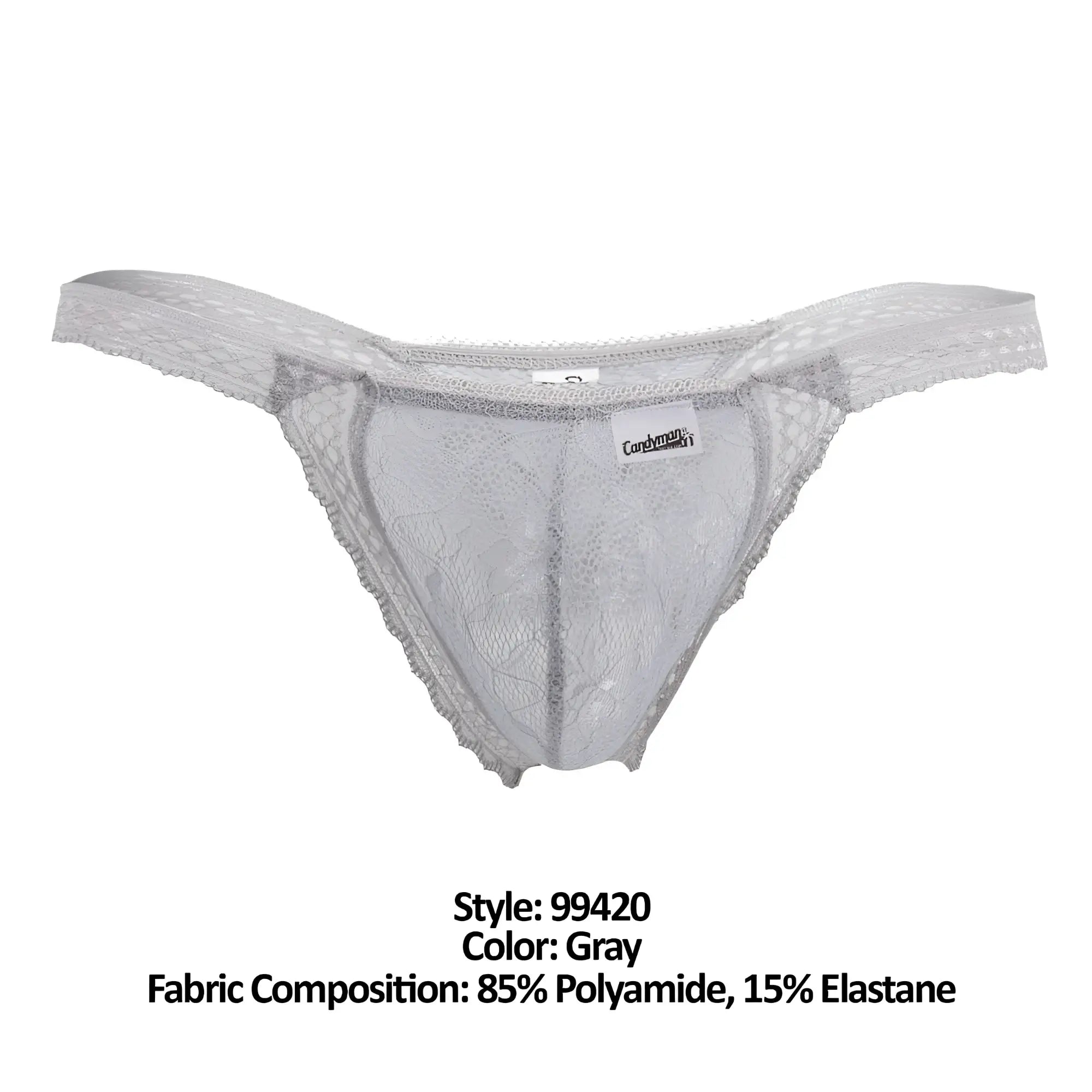 Gray lace thong candyMan 99420 with delicate floral patterns in sheer stretchy fabric for comfortable wear