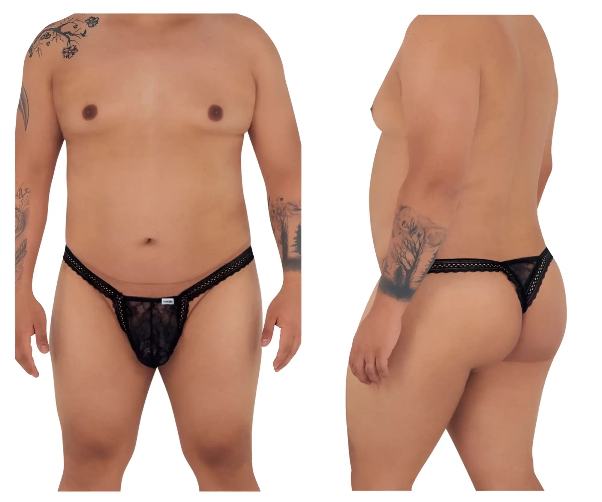Black lace thong candy man 99420x with mesh design and small brand tag at front in black color