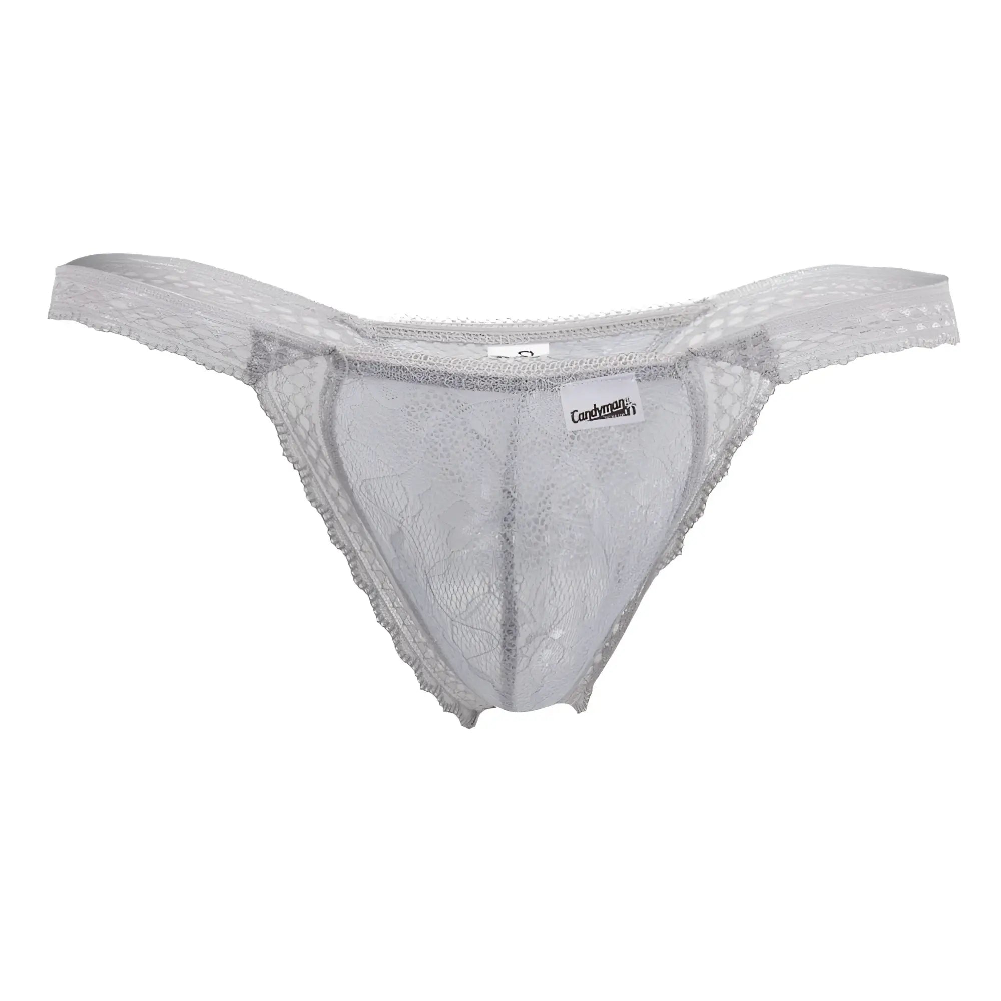 CandyMan 99420X double lace thong in gray featuring silver lace floral patterns and soft sheer fabric