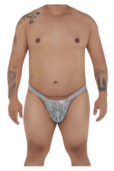 Silver lace thong candyMan 99420X in gray with intricate pattern and adjustable waistband shown from the back