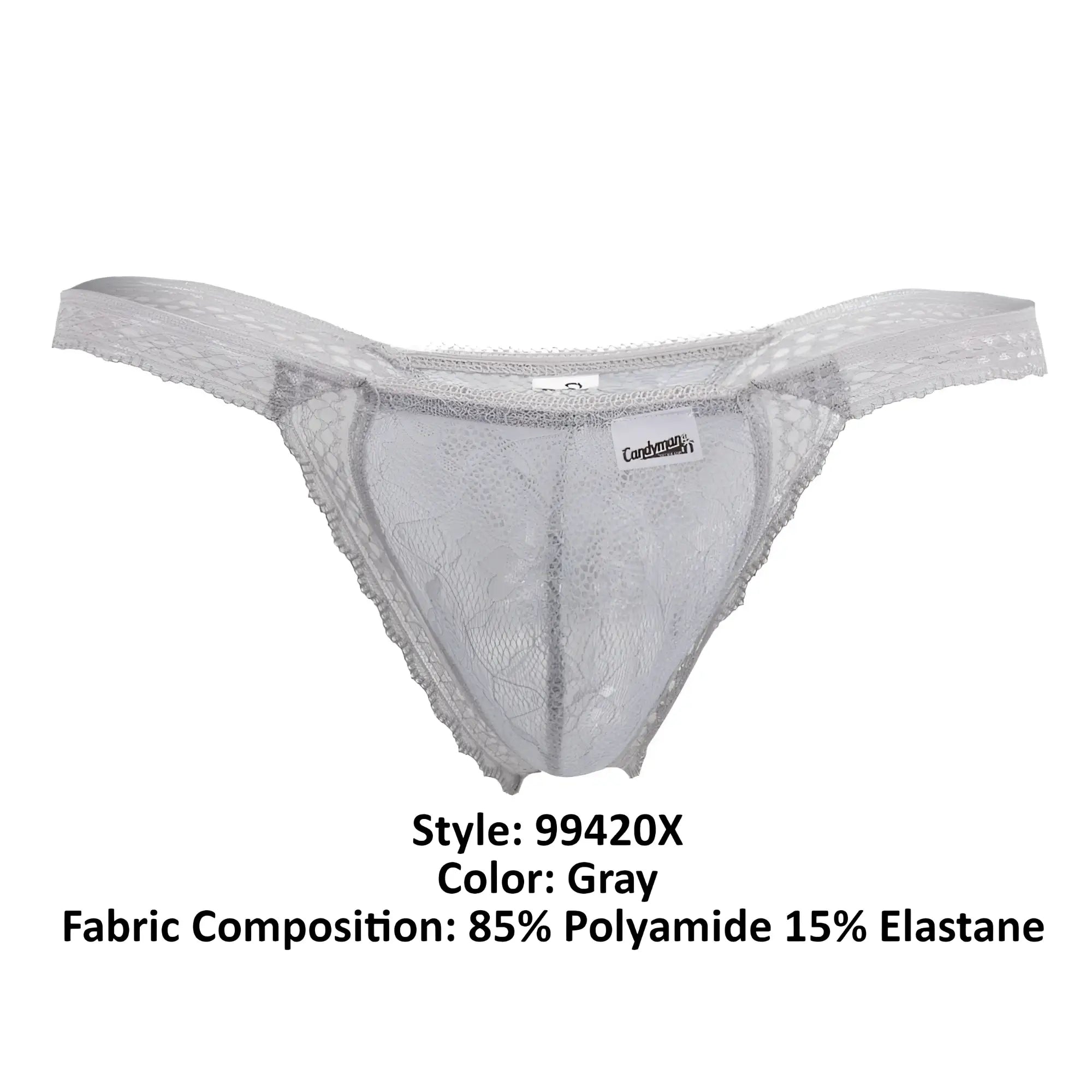 Gray candyMan 99420X double lace thong with delicate intricate pattern and thin straps showing front side