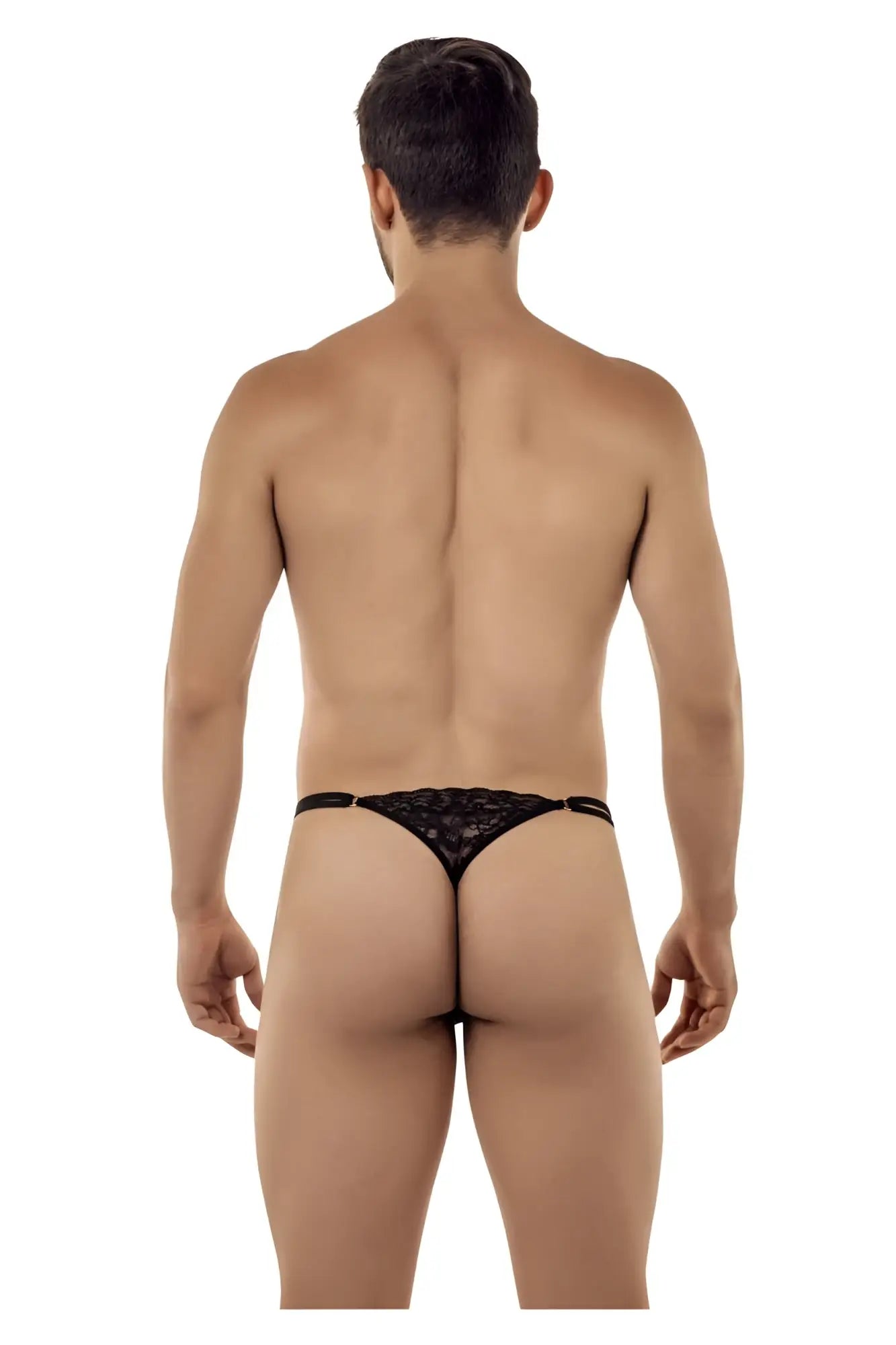 Black lace thong with delicate intricate pattern candyMan 99421 lace g-string thong in black shown from back side