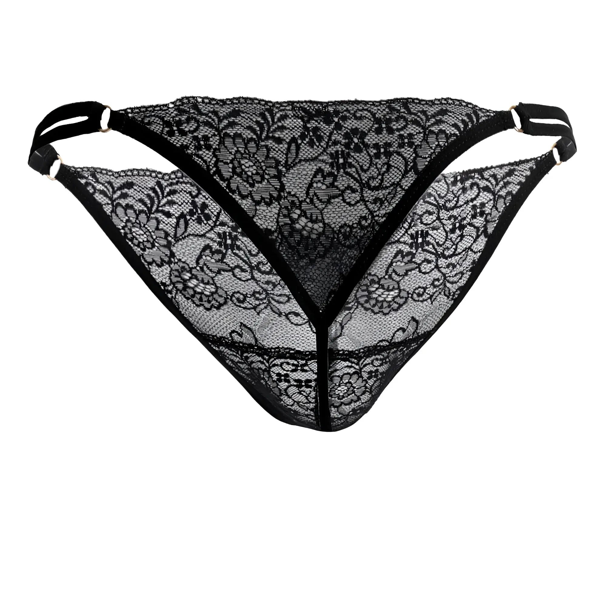 Black lace thong with floral pattern and adjustable straps from Candyman 99421 lace g string thongs in black