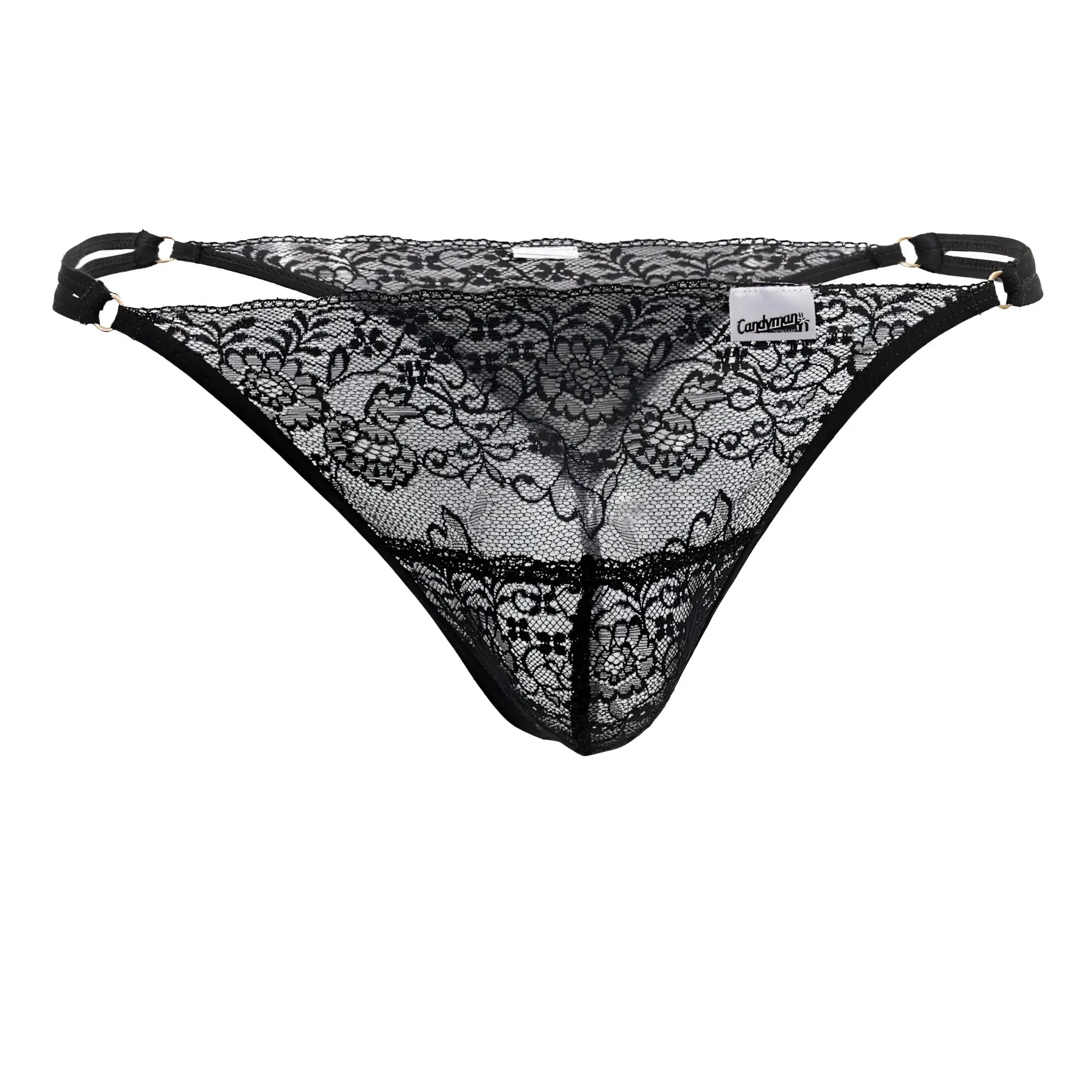 CandyMan 99421 black lace g-string thong with intricate floral patterns and adjustable straps shown from the back