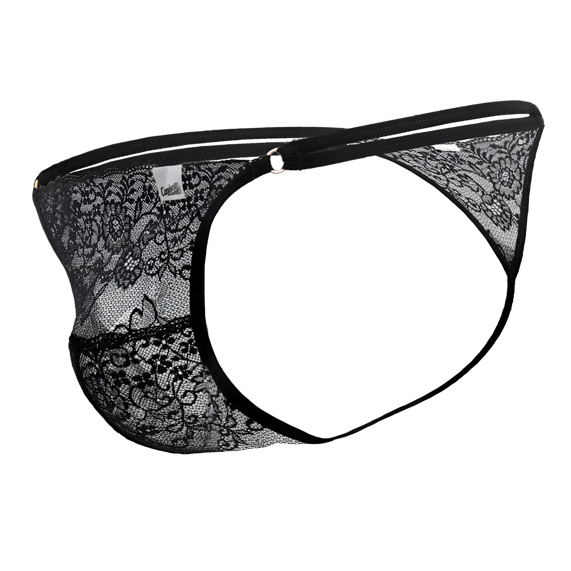 Black lace CandyMan 99421 g-string thong with intricate floral patterns and solid black elastic waistband