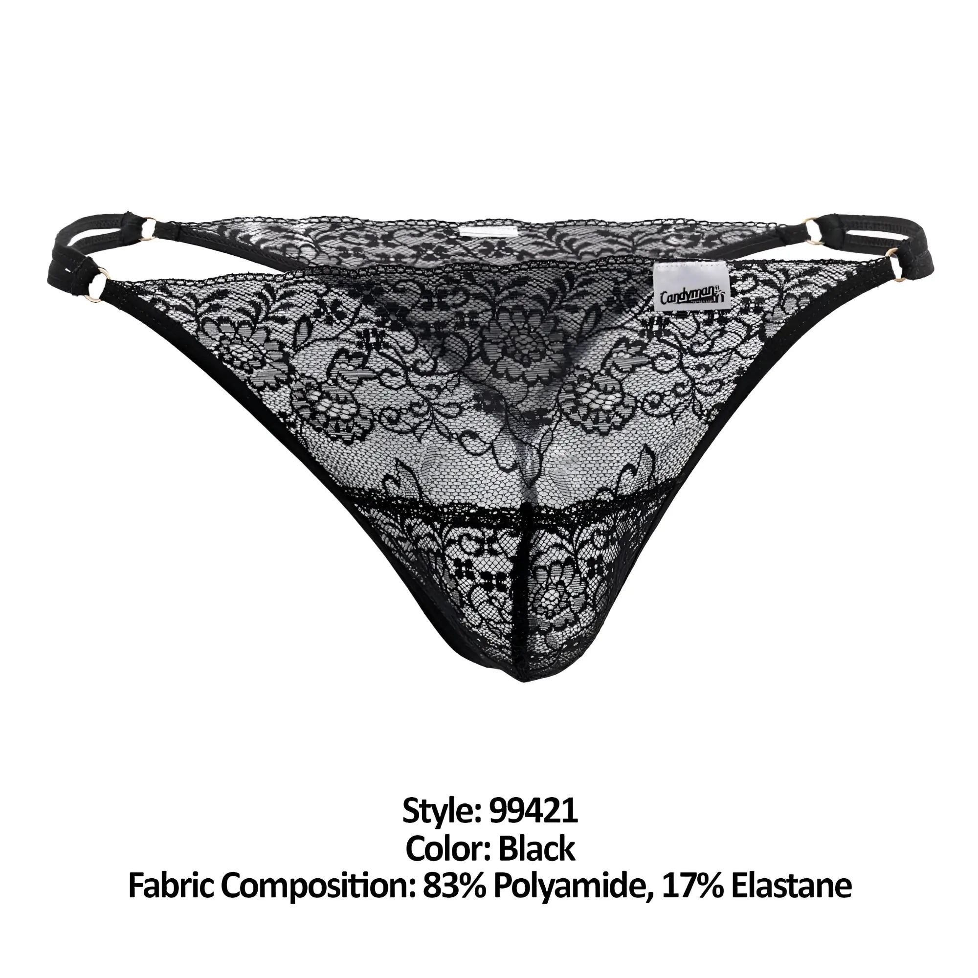 Black lace thong with intricate floral patterns and adjustable straps from Candyman 99421 in color black