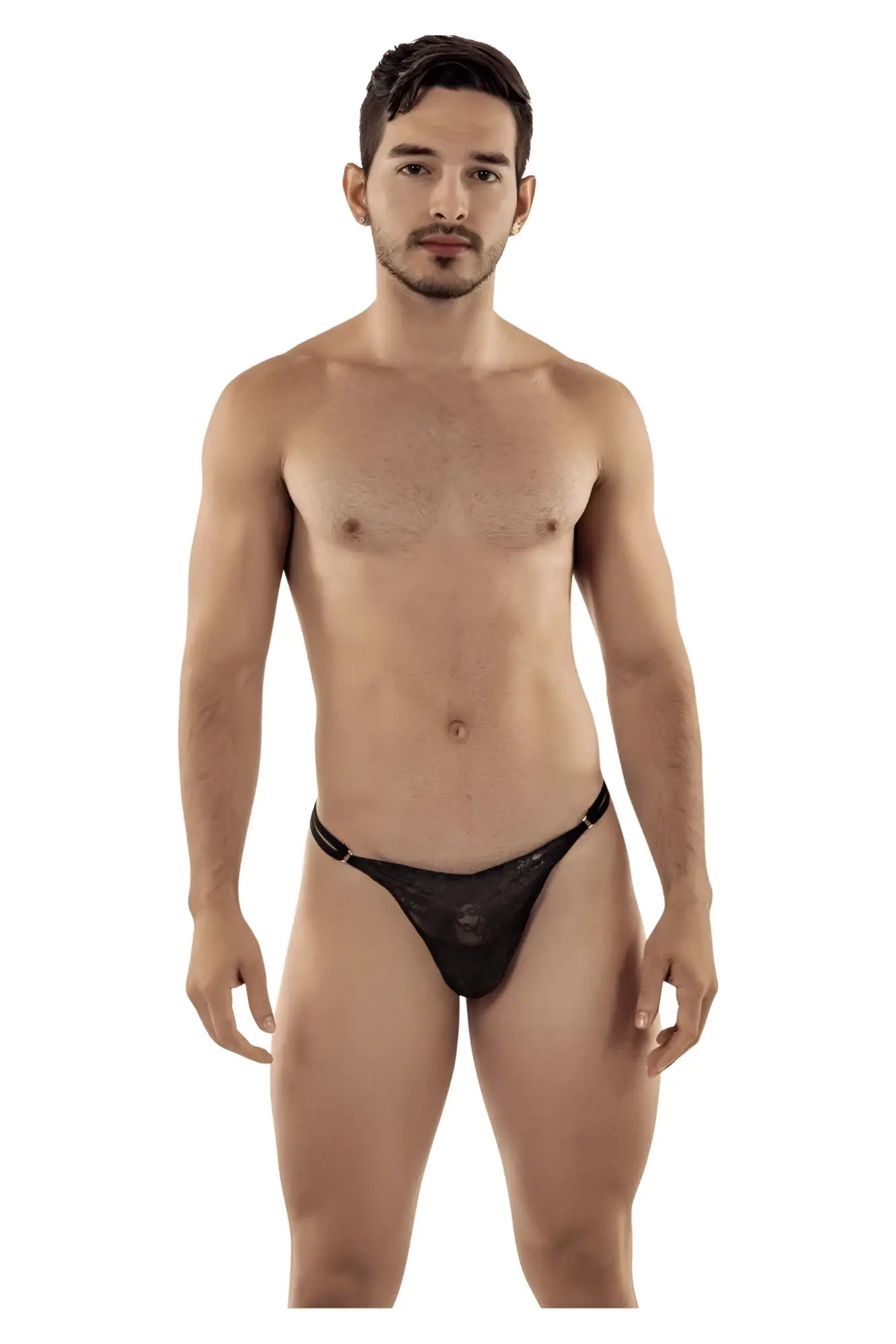Black lace thong candyMan 99421 g-string with subtle pattern and thin elastic waistband front view
