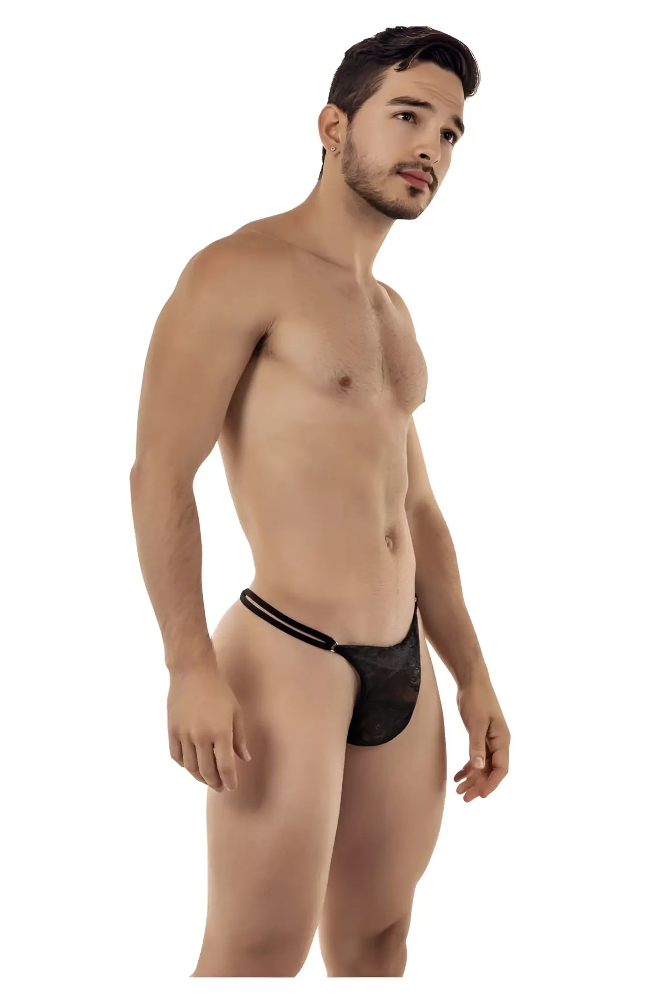 CandyMan 99421 black lace G-string thong with thin white trim along the waistband shown from the back side