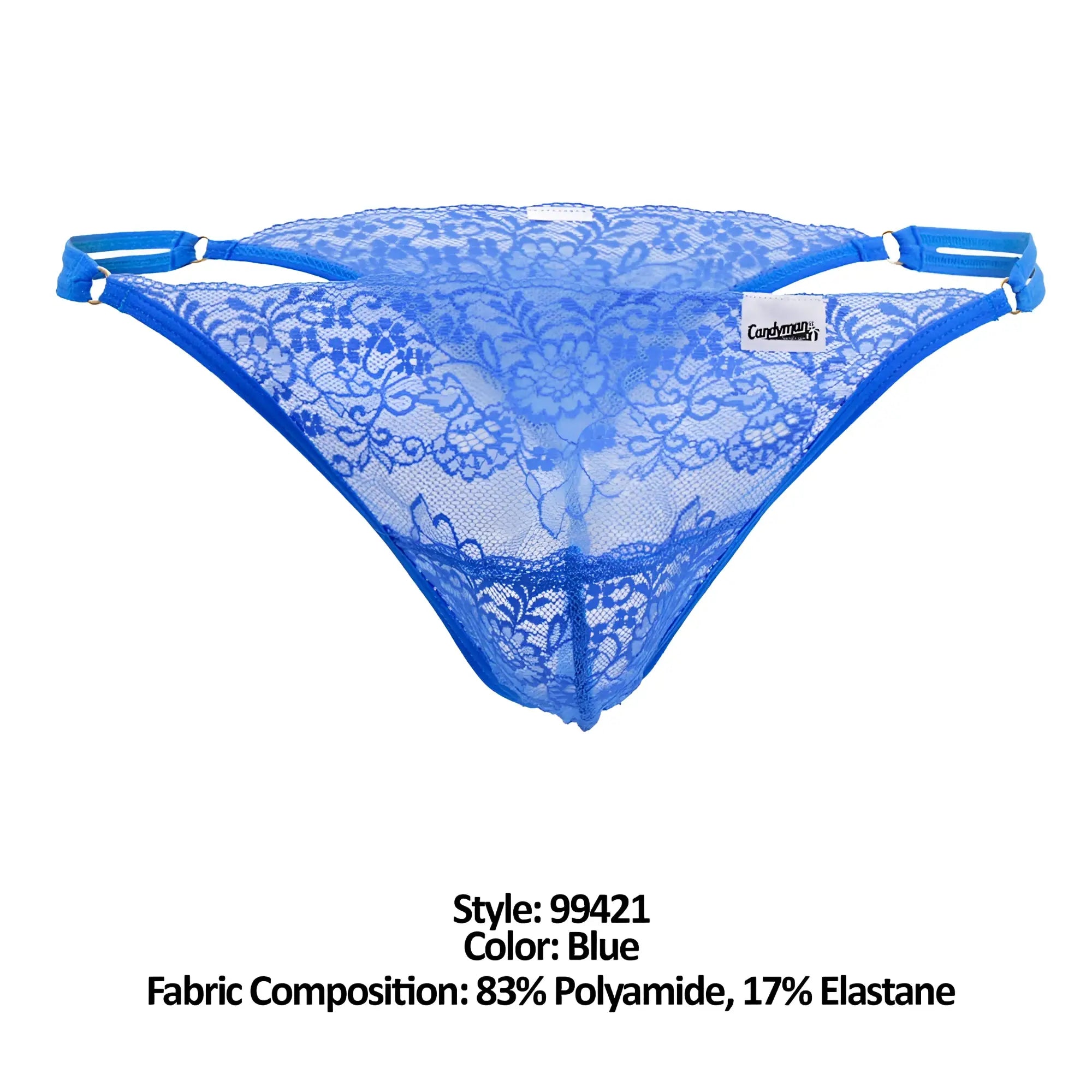 Blue CandyMan 99421 lace g-string thong with floral pattern and elastic side straps shown from the back side