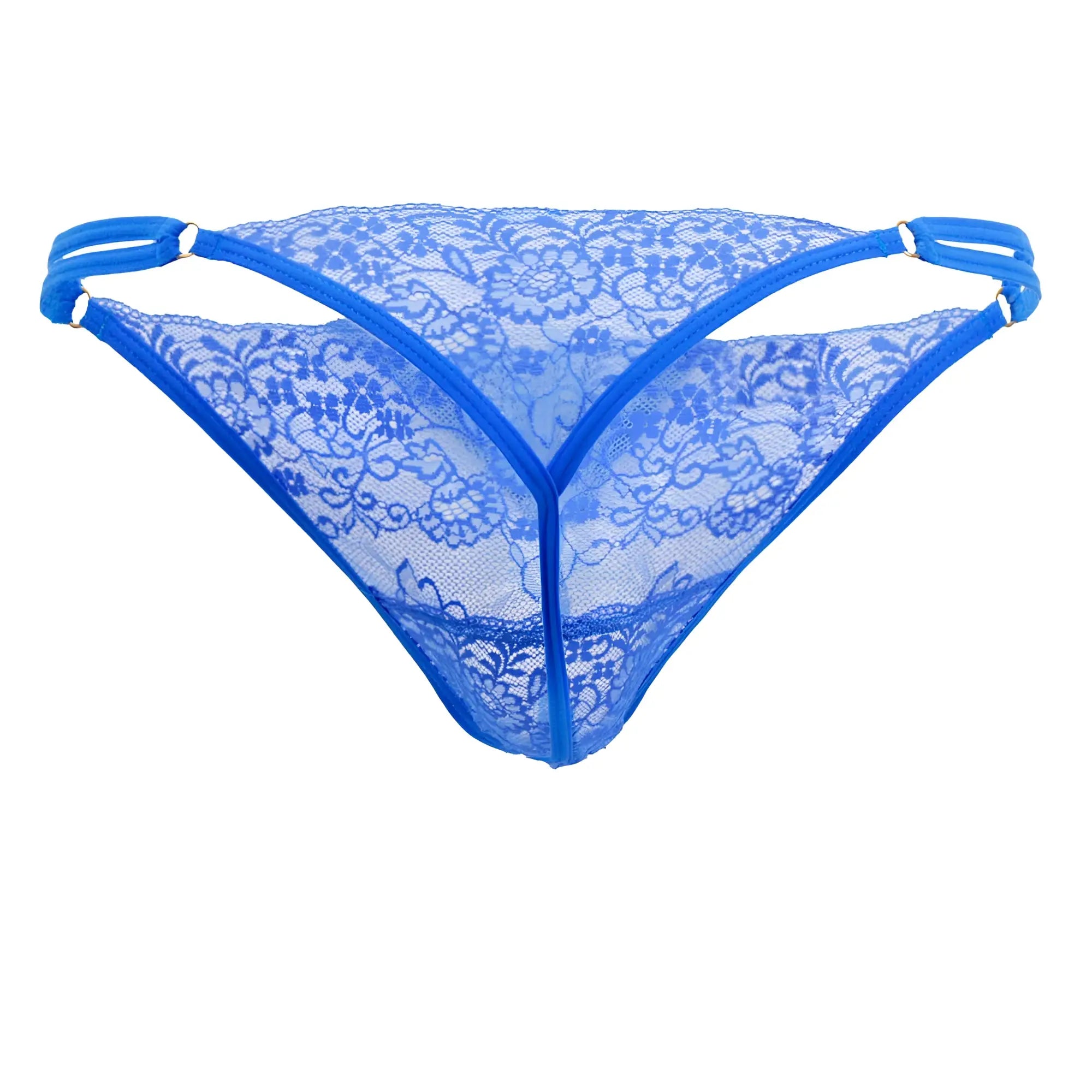 CandyMan 99421 blue lace g-string thong with floral patterns and elastic straps showing back side