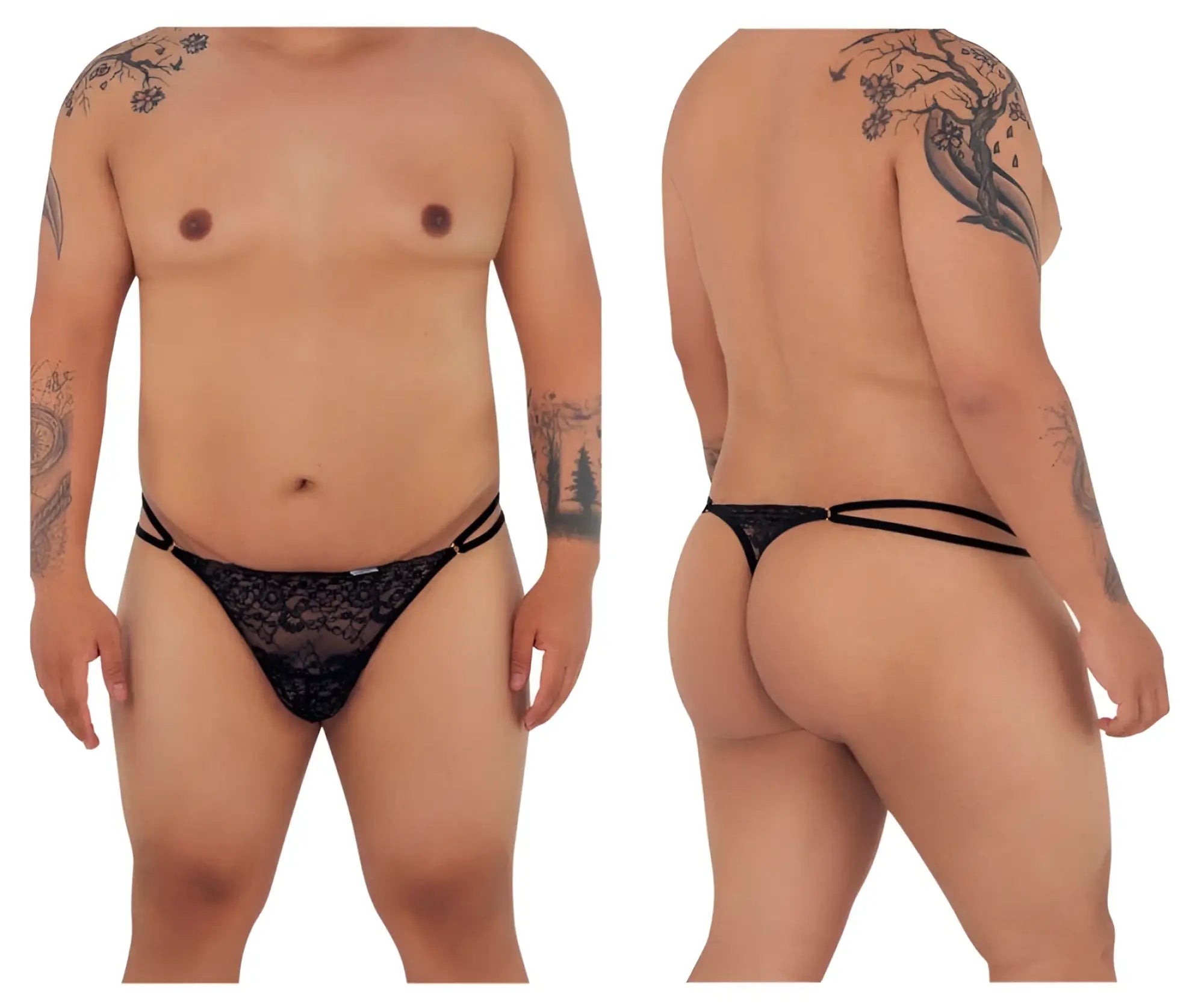 Black lace thong with double-strap design showing back side from candyman 99421x lace g-string thongs color black