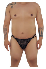 Black lace thong CandyMan 99421X with intricate floral patterns and thin side straps shown from the back side