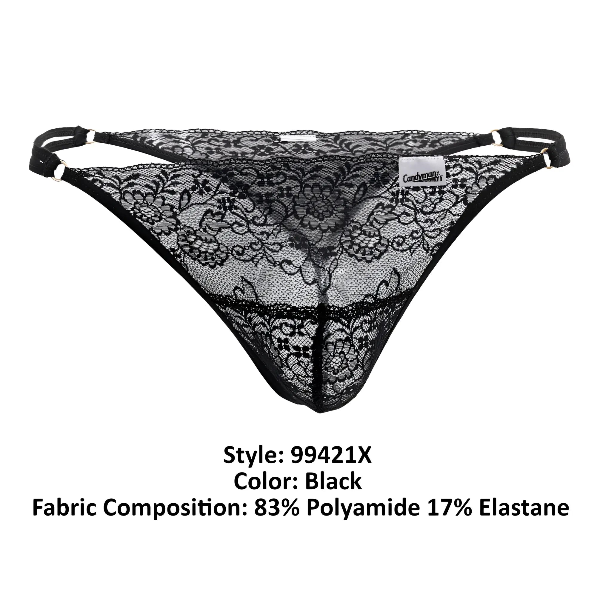 Black lace thong g-string by Candyman 99421X with intricate floral patterns and adjustable elastic straps in black