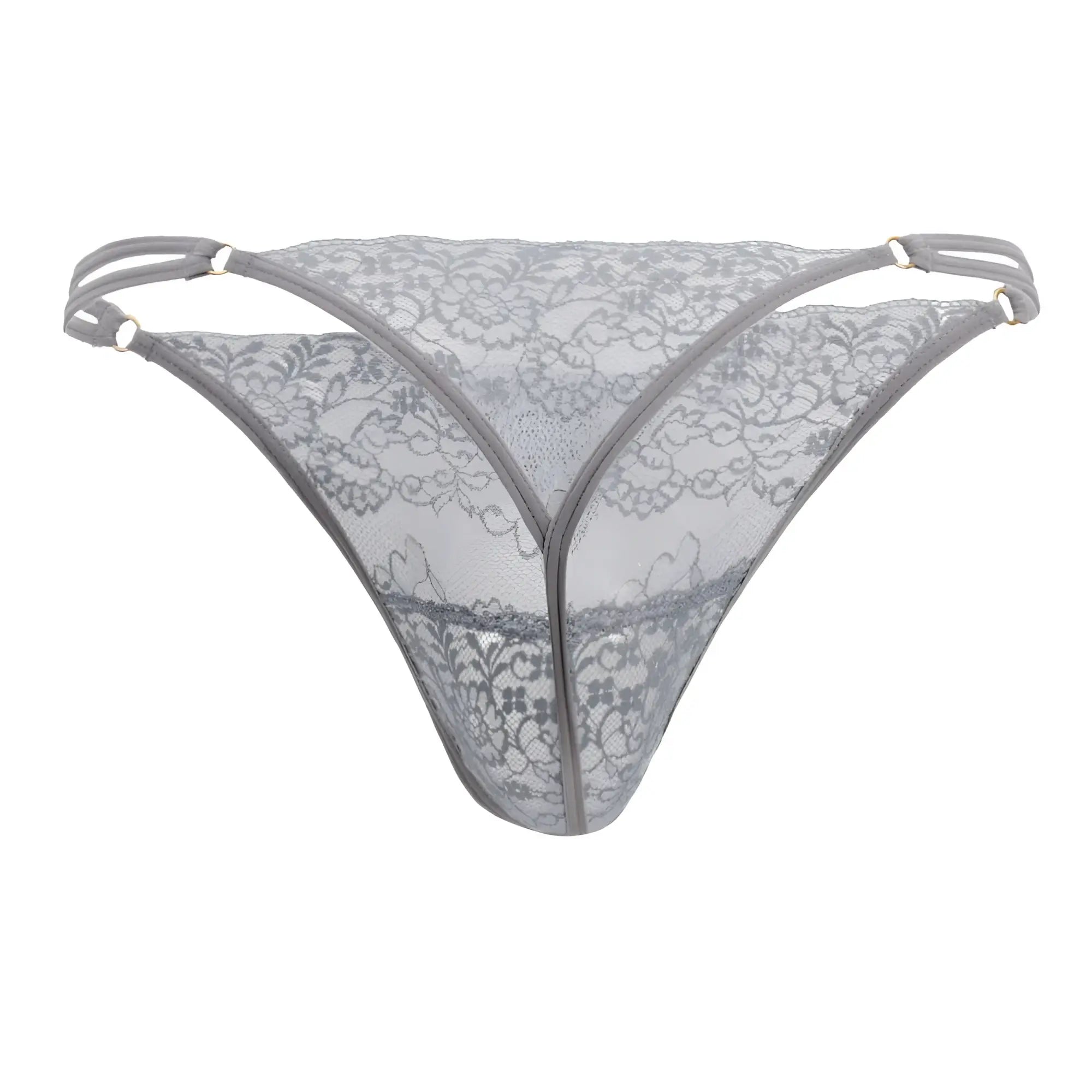 Gray floral lace thong with thin straps and sheer delicate design candy man 99421x lace g-string thong
