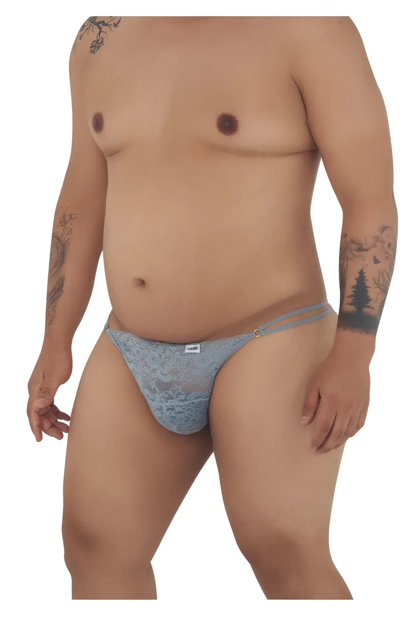 Light blue CandyMan 99421X lace thong with delicate floral pattern and thin adjustable straps in gray color