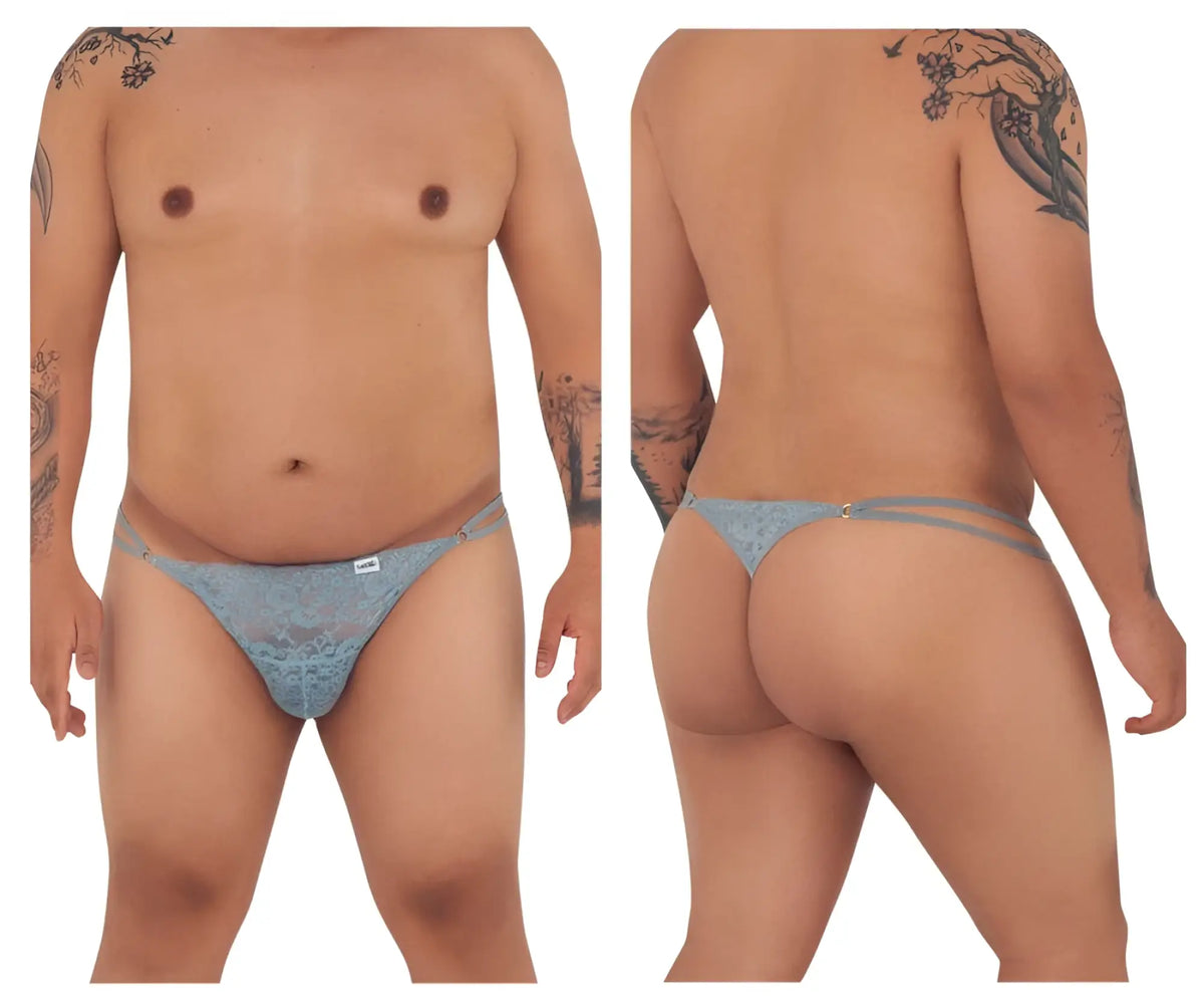 Light blue candyMan 99421X lace thong with delicate floral pattern and thin adjustable straps in gray color