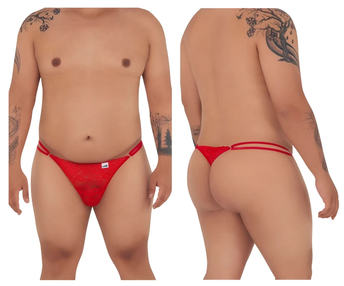 Red lace thong with double horizontal straps in candyMan 99421X lace G-string thong color red showing back side