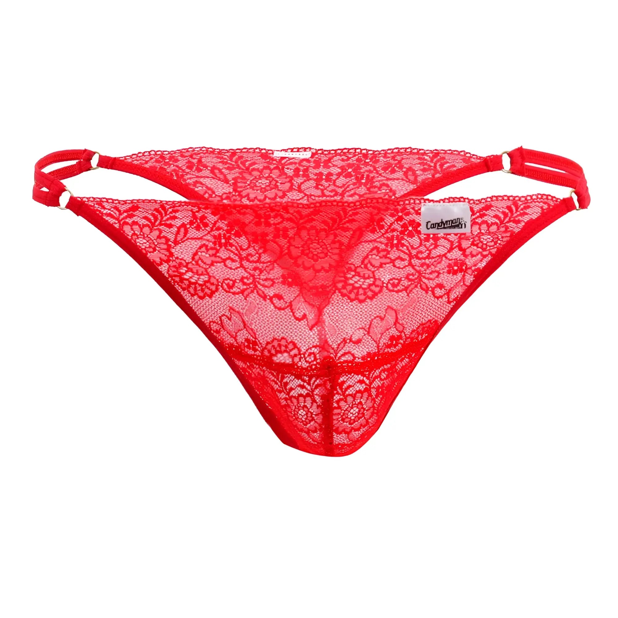 Red lace thong with floral pattern and adjustable straps from Candyman 99421X lace G-string thongs in red color
