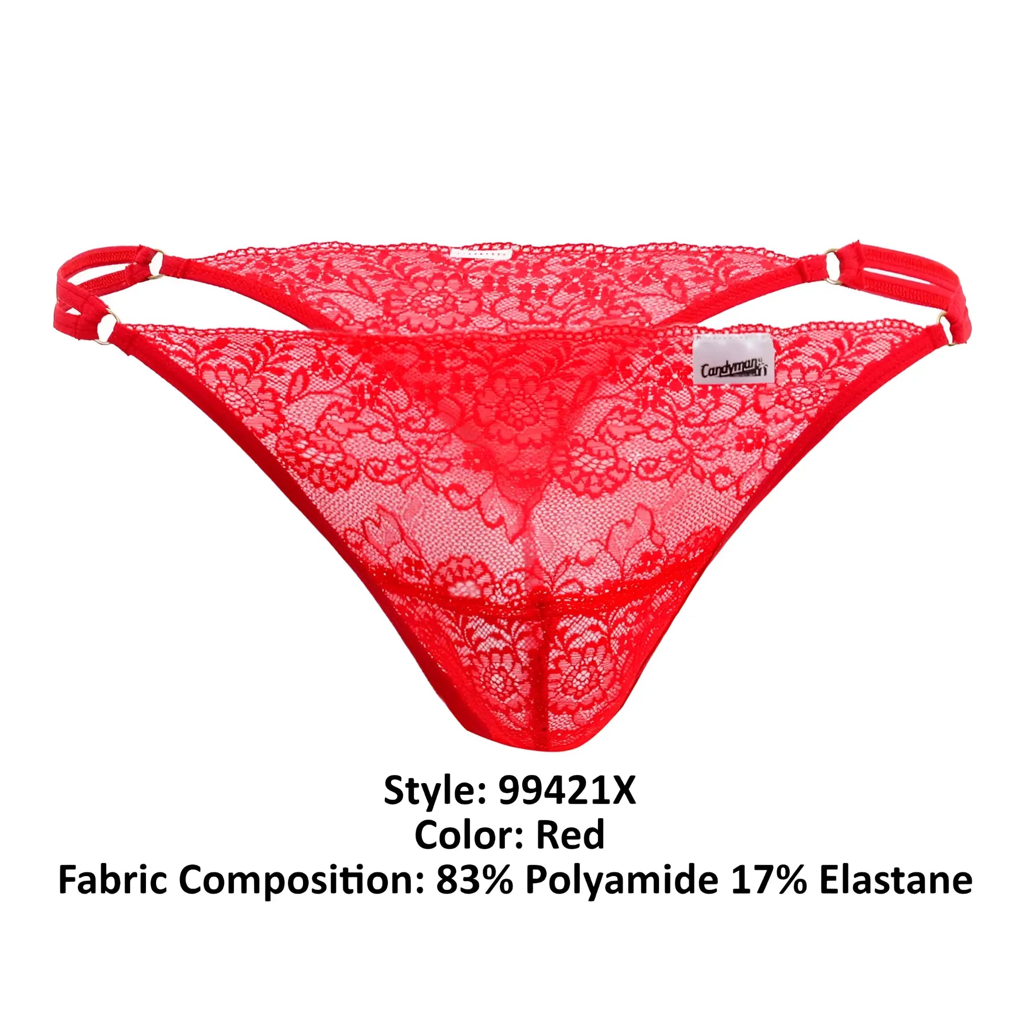 Red lace g-string thong with floral pattern and elastic straps by candyman 99421x in red shown from back side