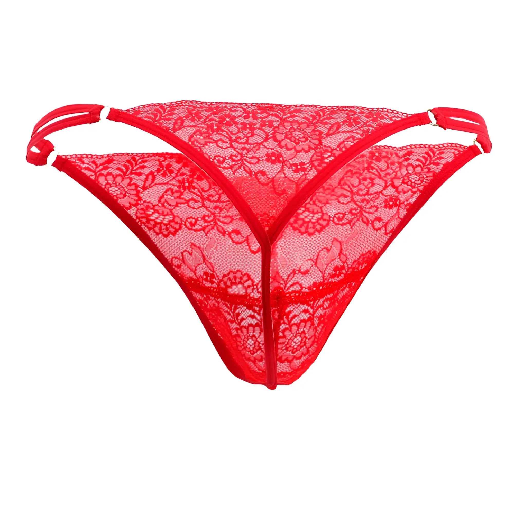 Red lace g-string thong by candyman 99421x featuring floral patterns and thin straps in vibrant red color