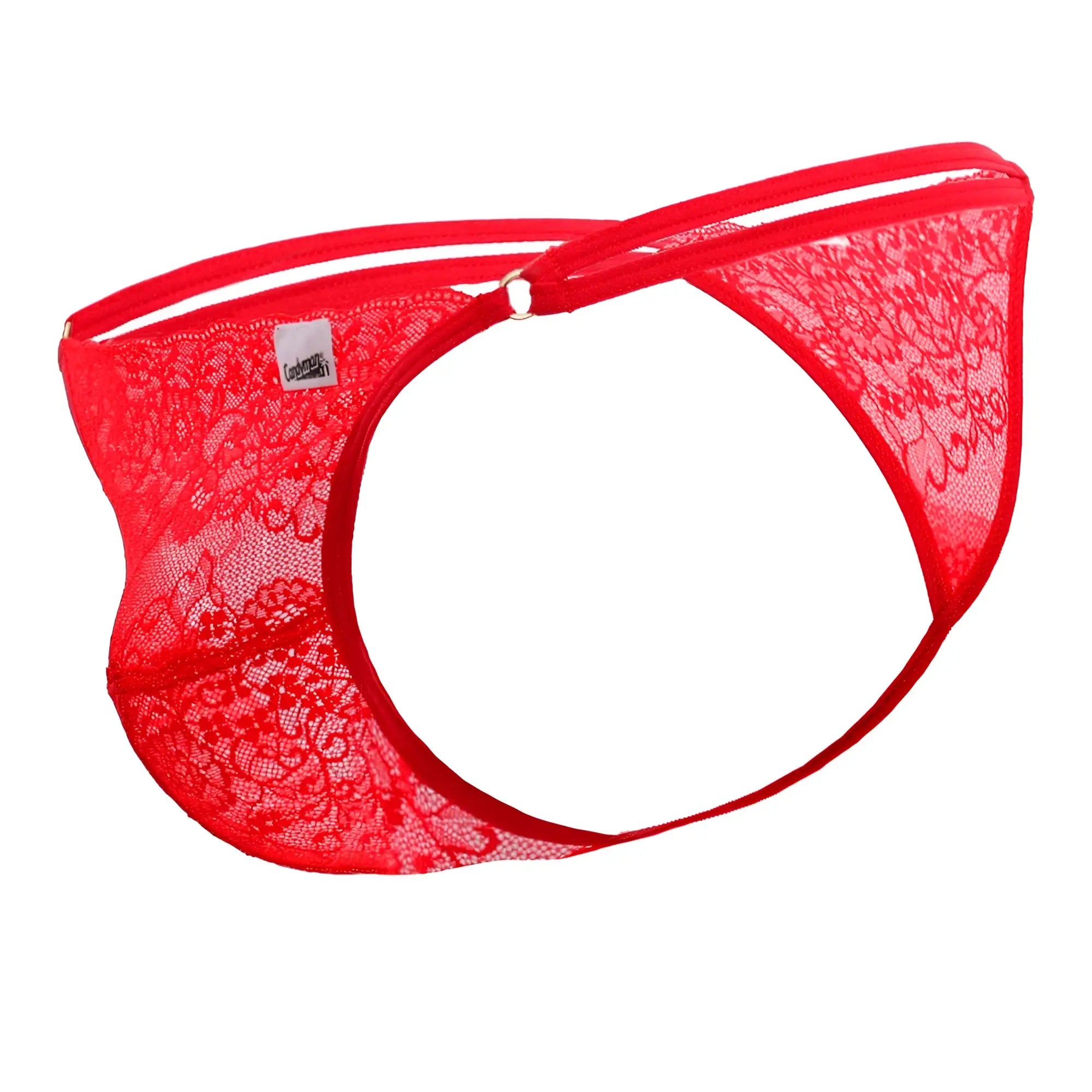 Red lace g-string thong CandyMan 99421X features intricate floral patterns and a metallic clasp in vibrant red
