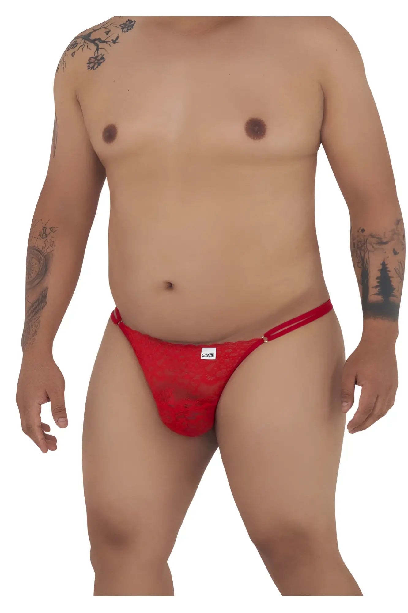 Red lace thong with subtle pattern and small white CandyMan brand tag on waistband in color red