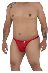 Red lace thong with subtle pattern and small white CandyMan brand tag on waistband in color red