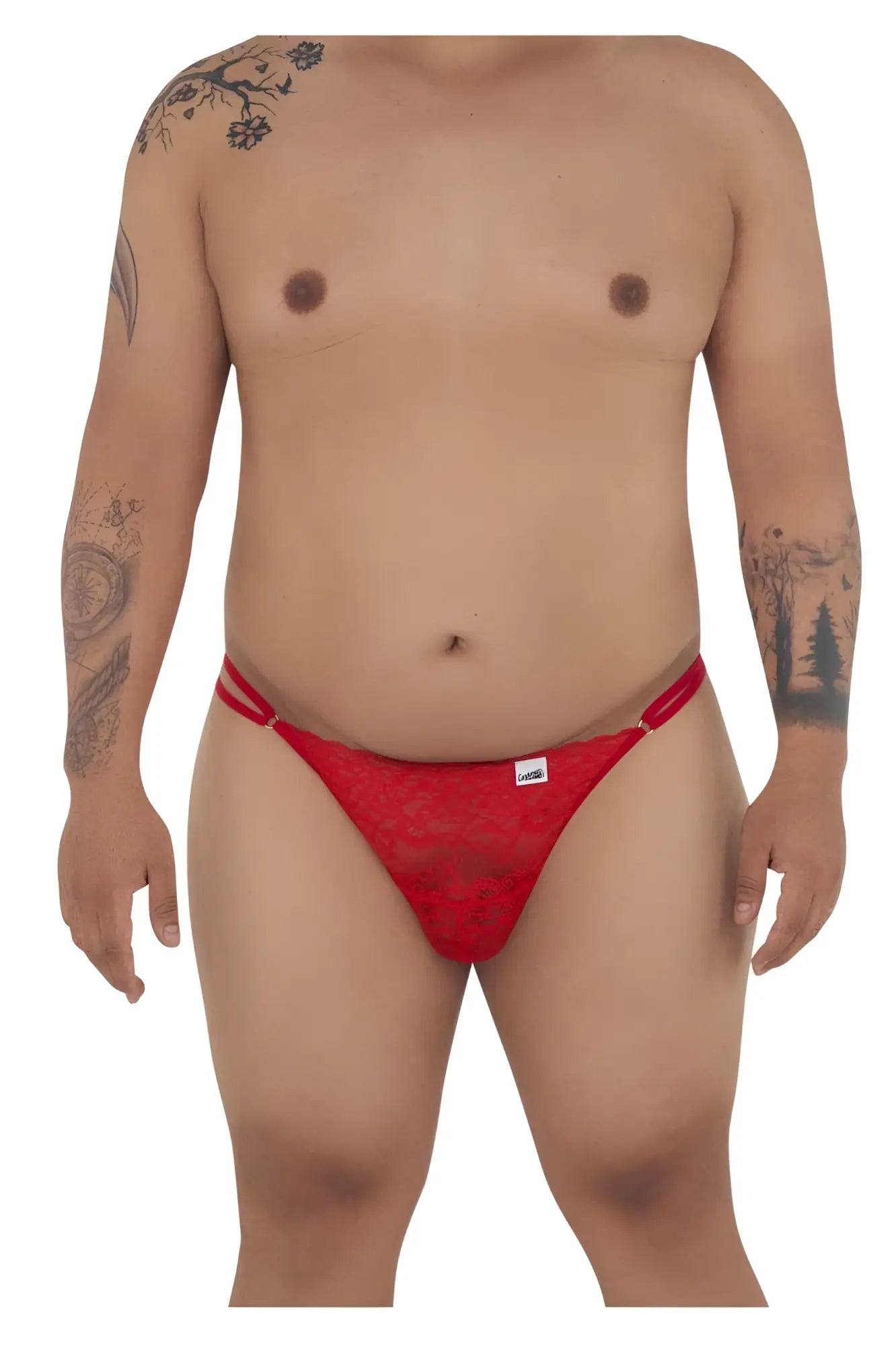 Red lace g string thong with small white brand tag on waistband candyMan 99421X lace g string thongs color red