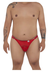 Red lace g string thong with small white brand tag on waistband candyMan 99421X lace g string thongs color red