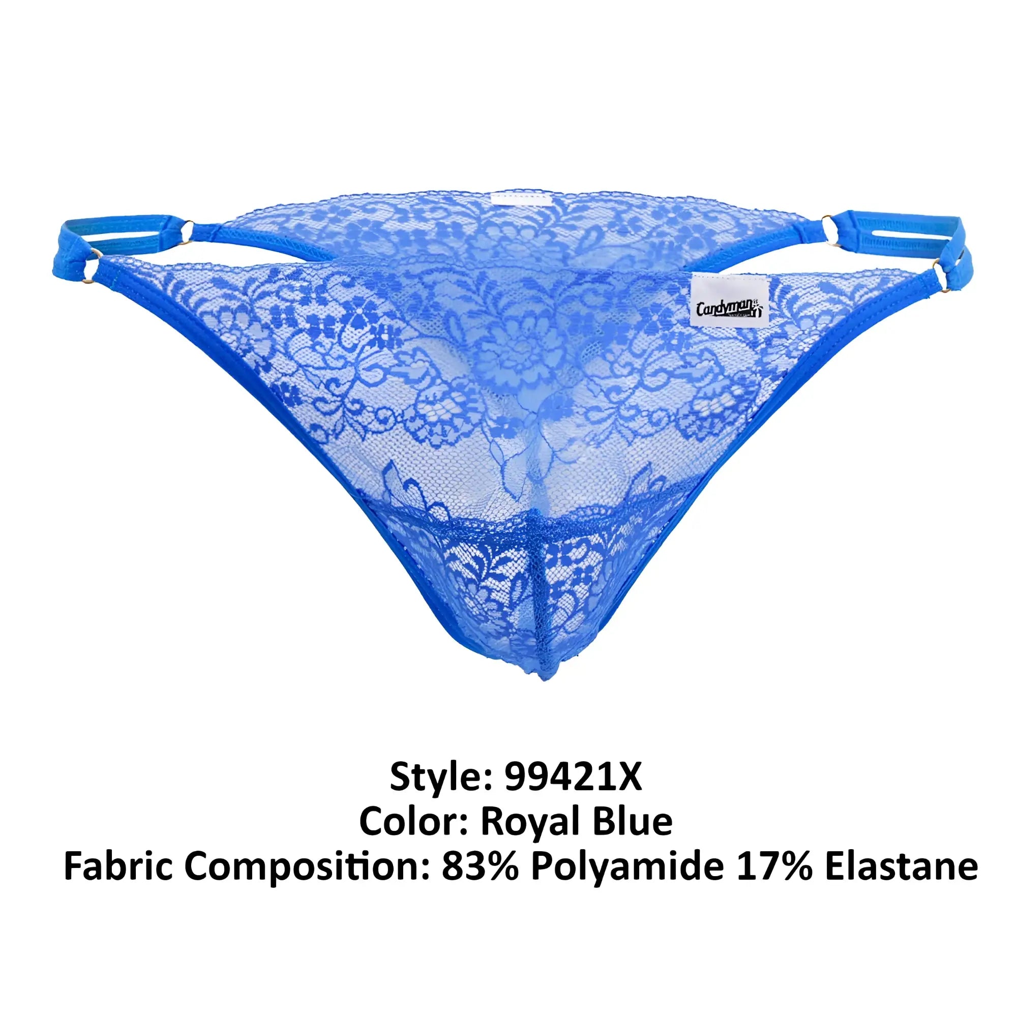 Royal blue lace thong g-string with floral pattern and elastic side straps from candyman 99421x collection