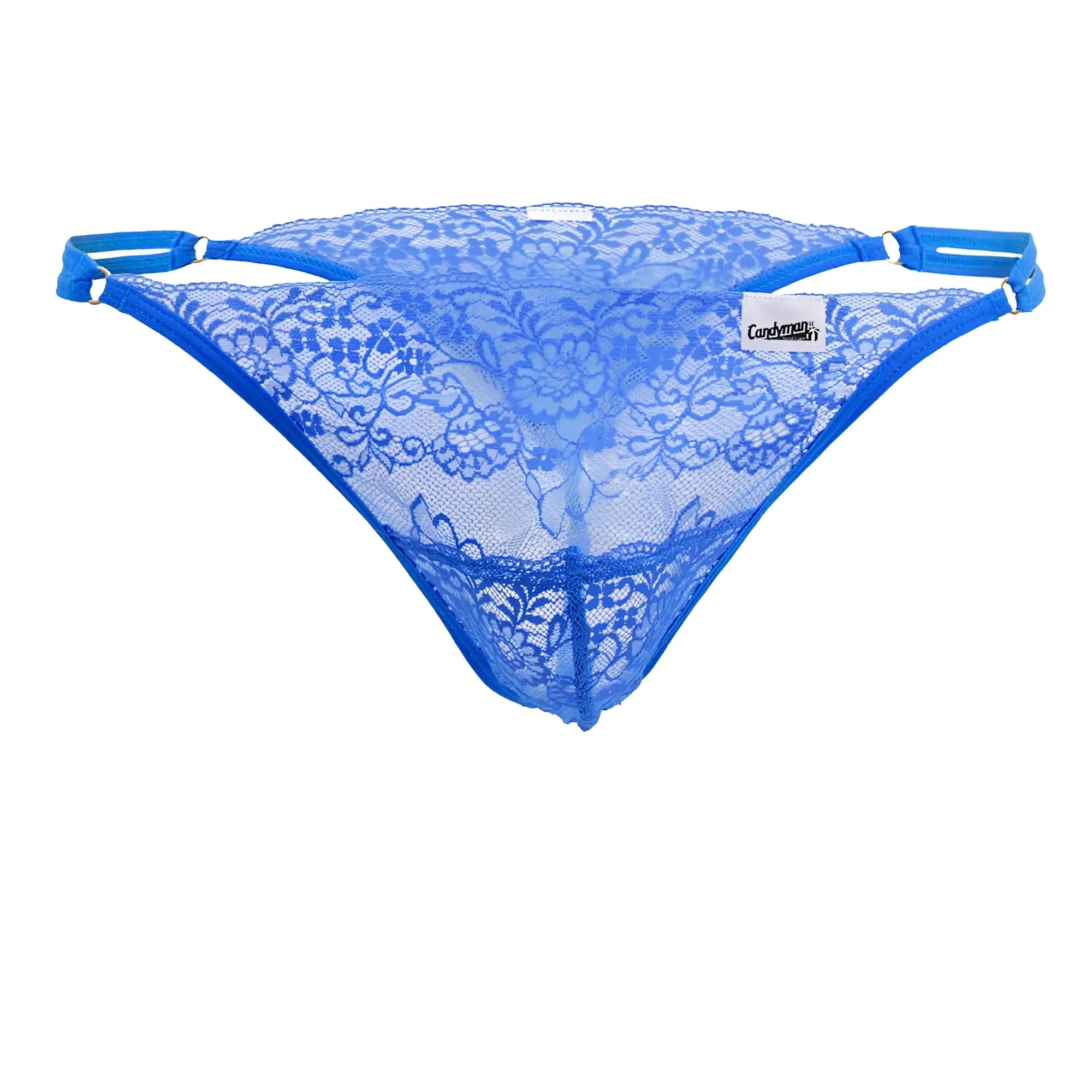 CandyMan 99421X lace g-string thong in royal blue with floral pattern and adjustable straps front view