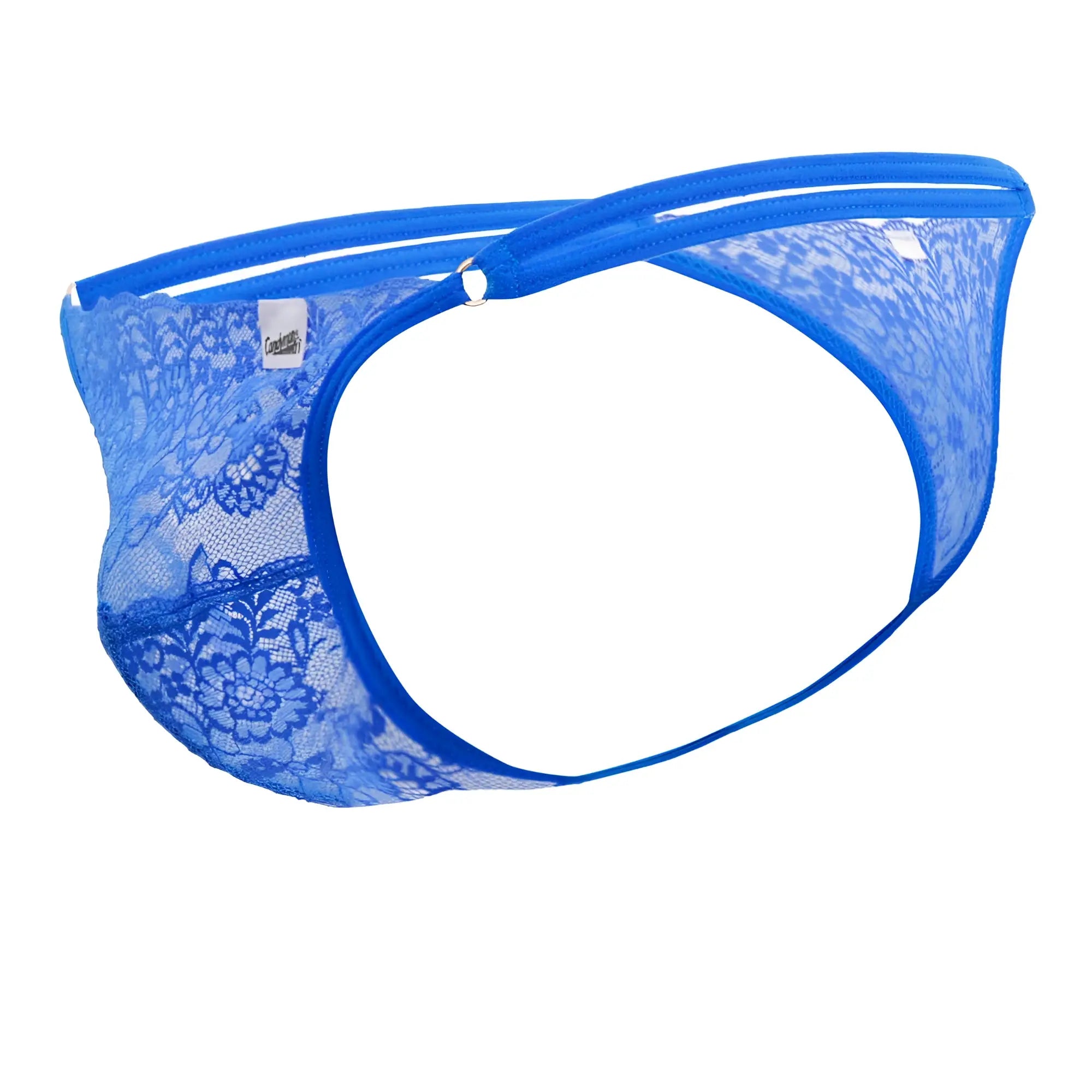Blue lace thong g-string with solid royal blue elastic waistband and floral pattern from candyman 99421x collection