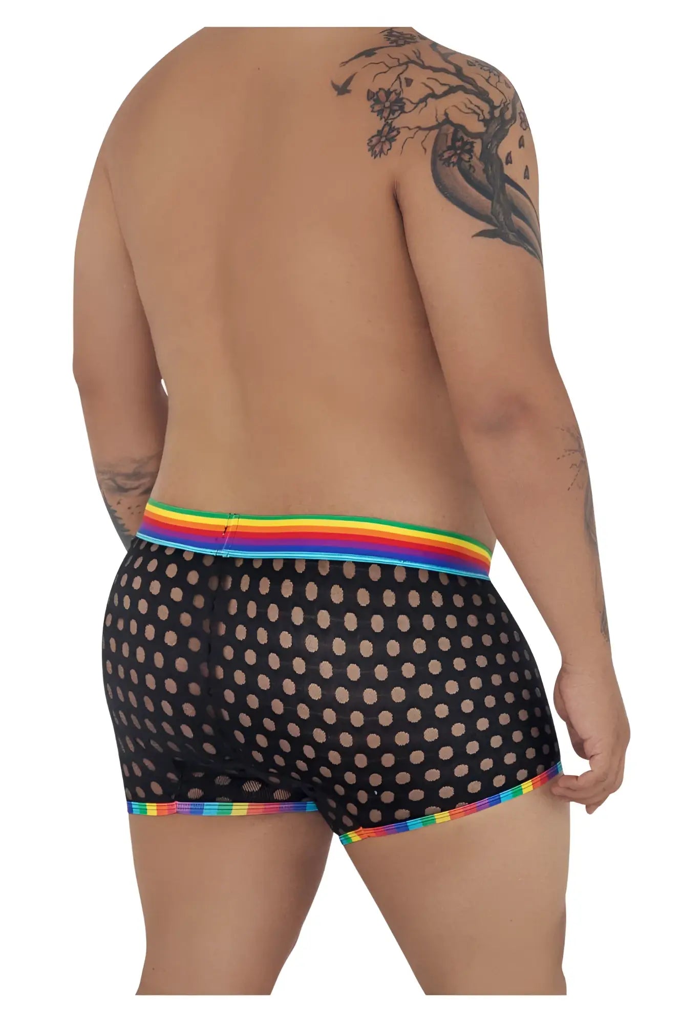 Candyman 99511x black mesh boxer briefs with polka dot pattern and rainbow elastic waistband and trim