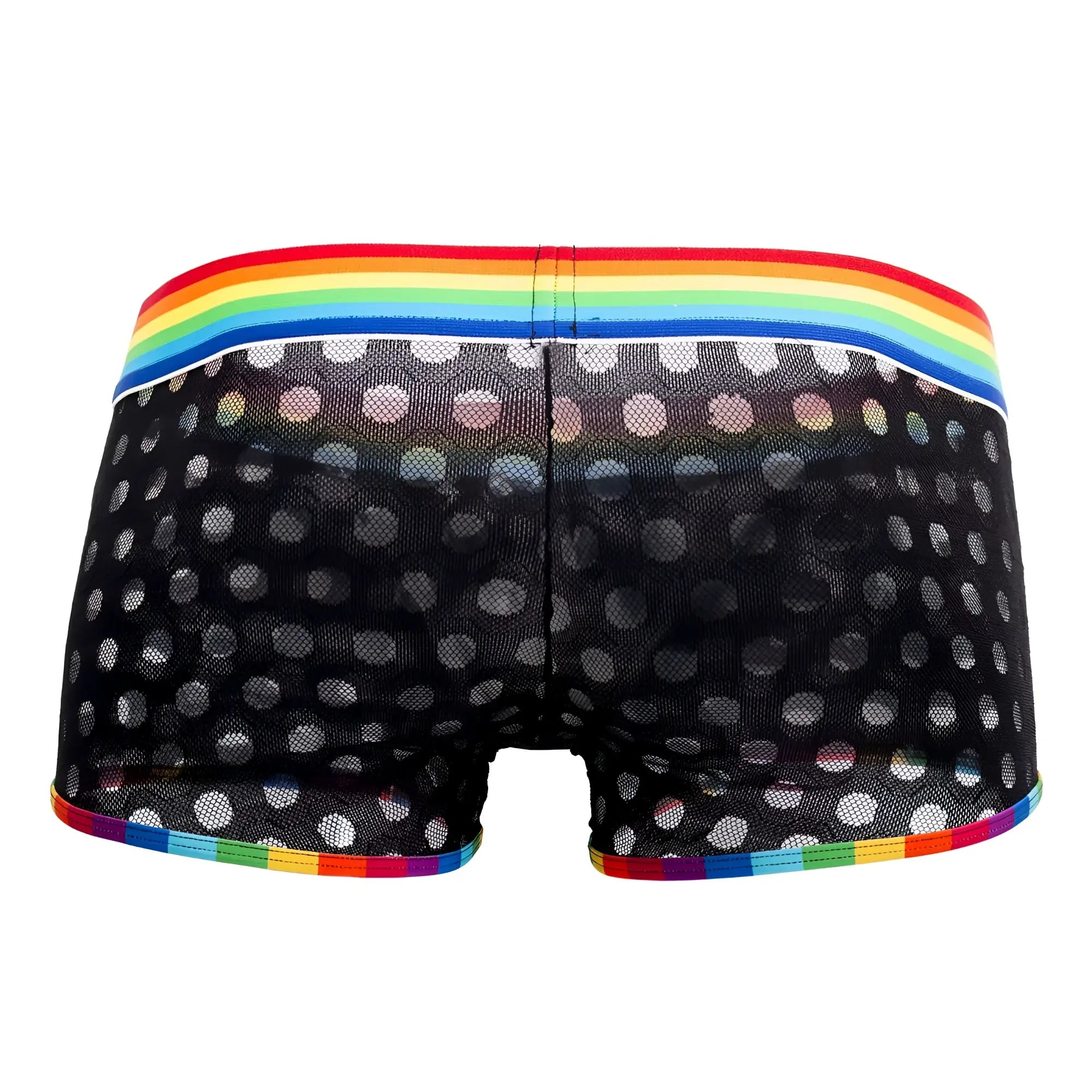 Candyman 99511x black mesh boxer briefs with white polka dots and rainbow elastic waistband and trim
