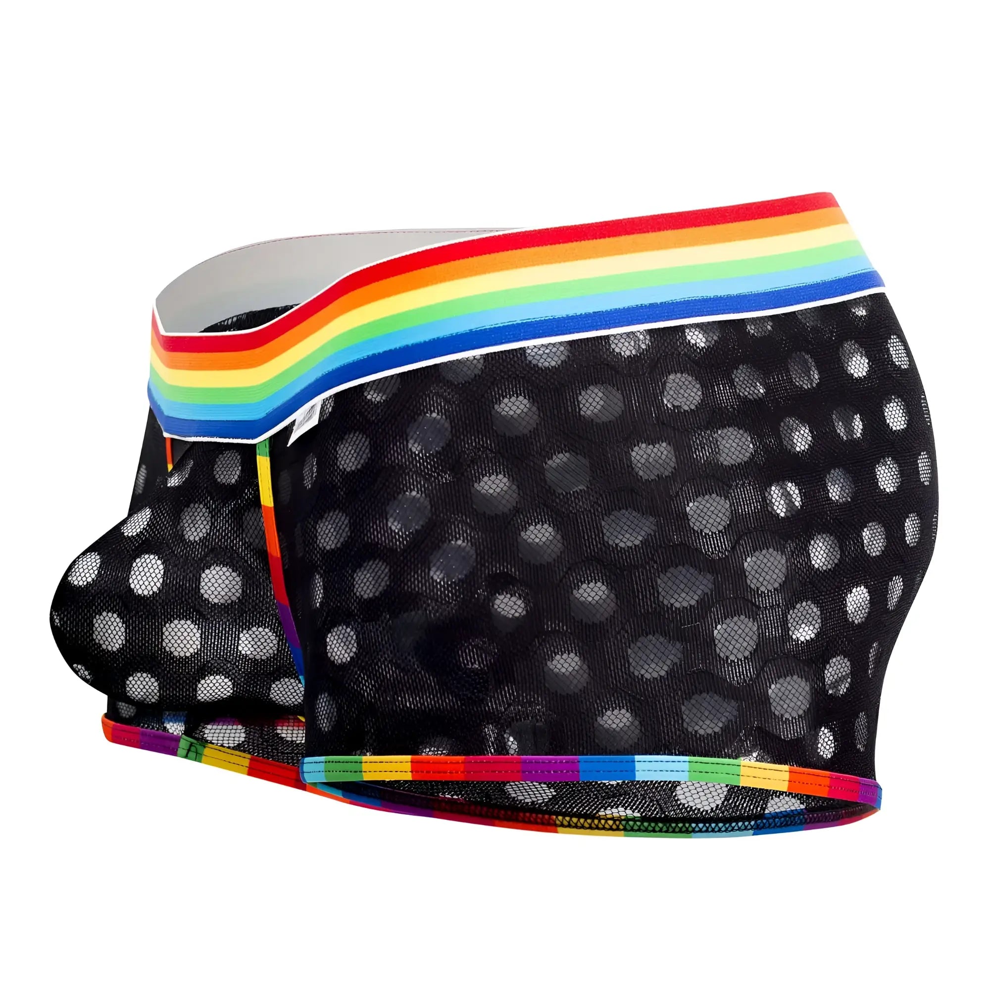 Black mesh boxer briefs with white polka dots and rainbow-striped elastic waistband candyMan 99511X trunks