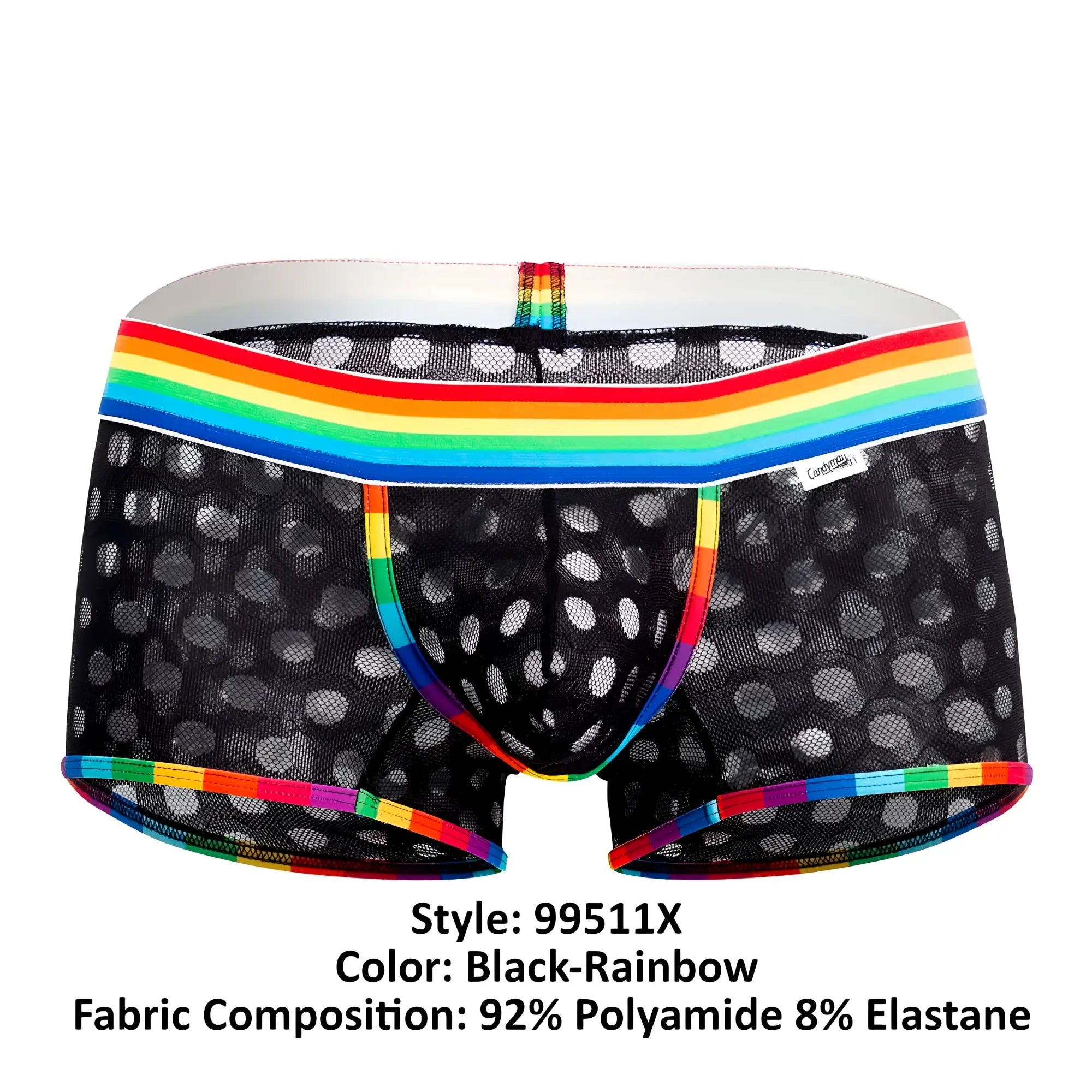 Candyman 99511x polka mesh trunks in black with white polka dots and rainbow-striped waistband and leg openings