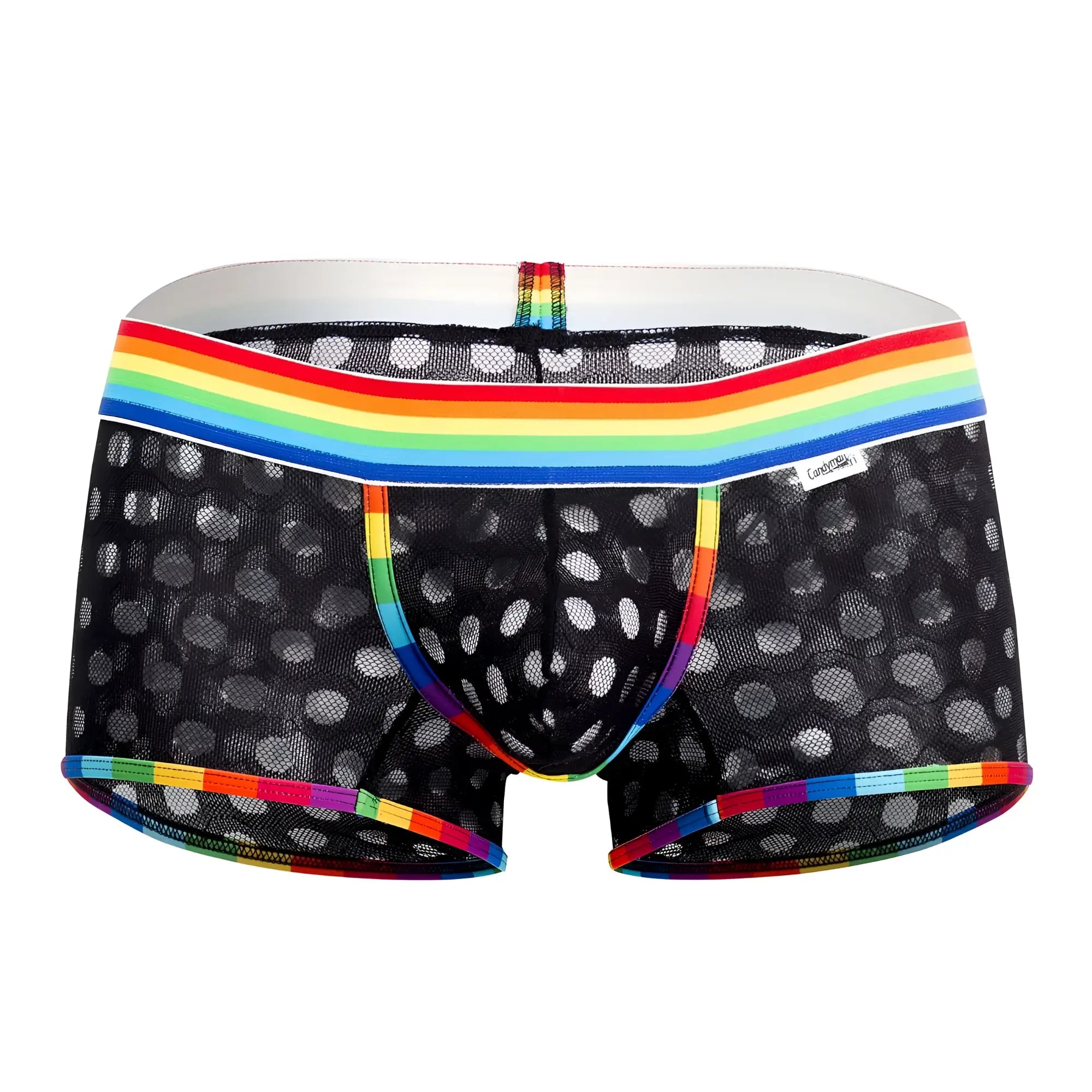 CandyMan 99511X polka mesh trunks black briefs with white dots and rainbow-striped waistband and trim