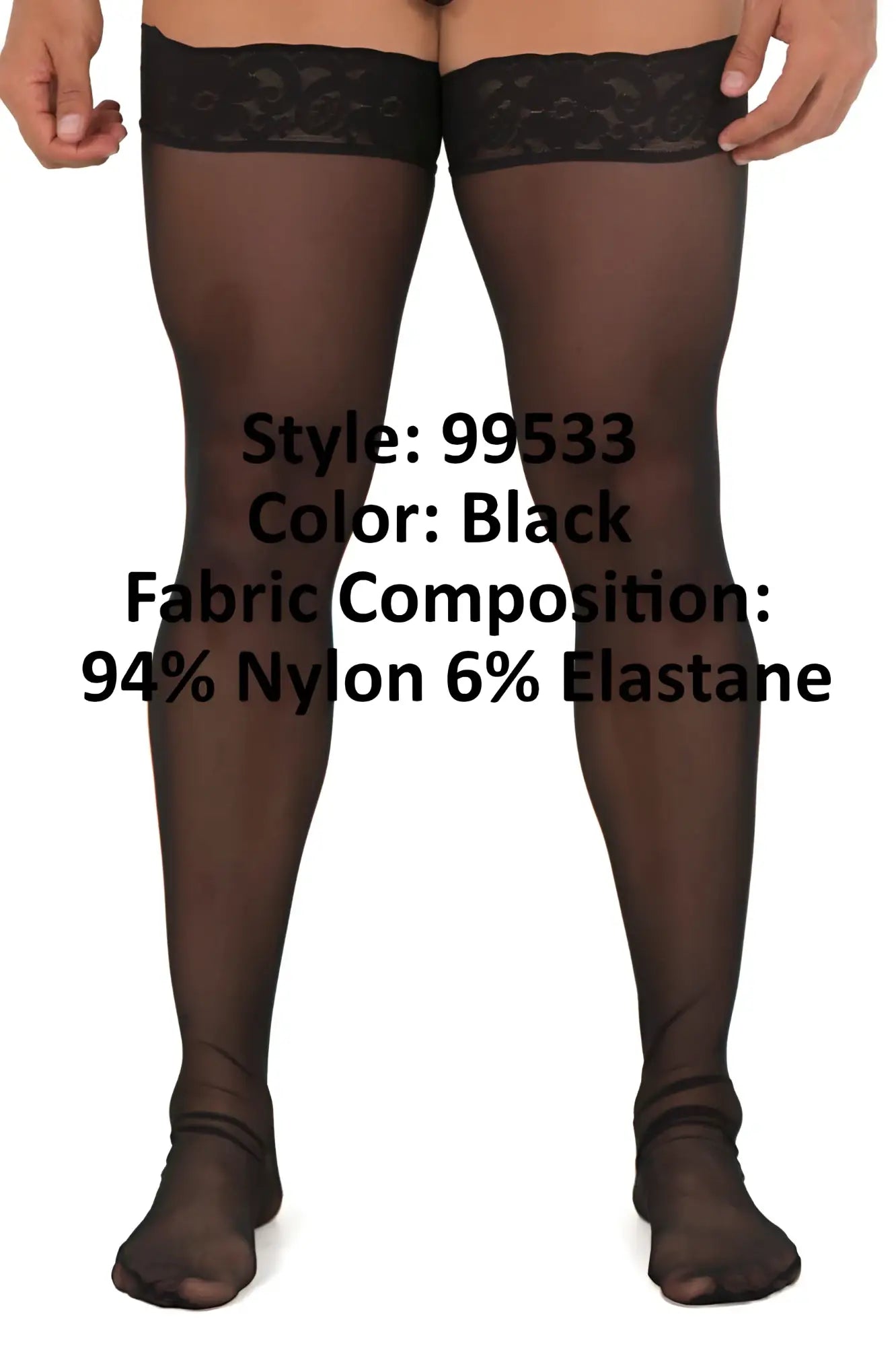 CandyMan 99533 black sheer mesh thigh highs with decorative lace band at the top for elegant legwear