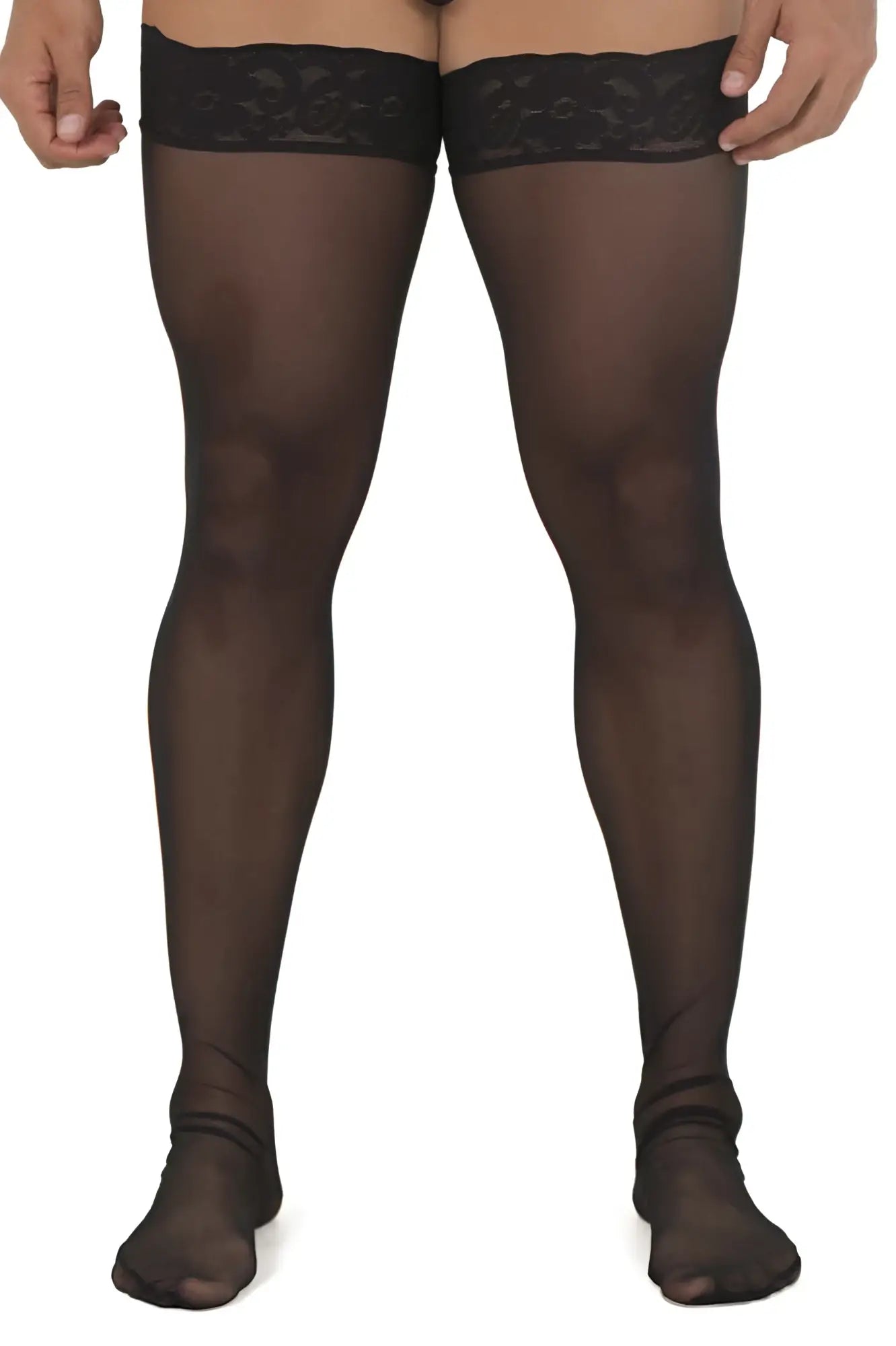 Black candyMan 99533 sheer mesh thigh highs with intricate lace trim at the top