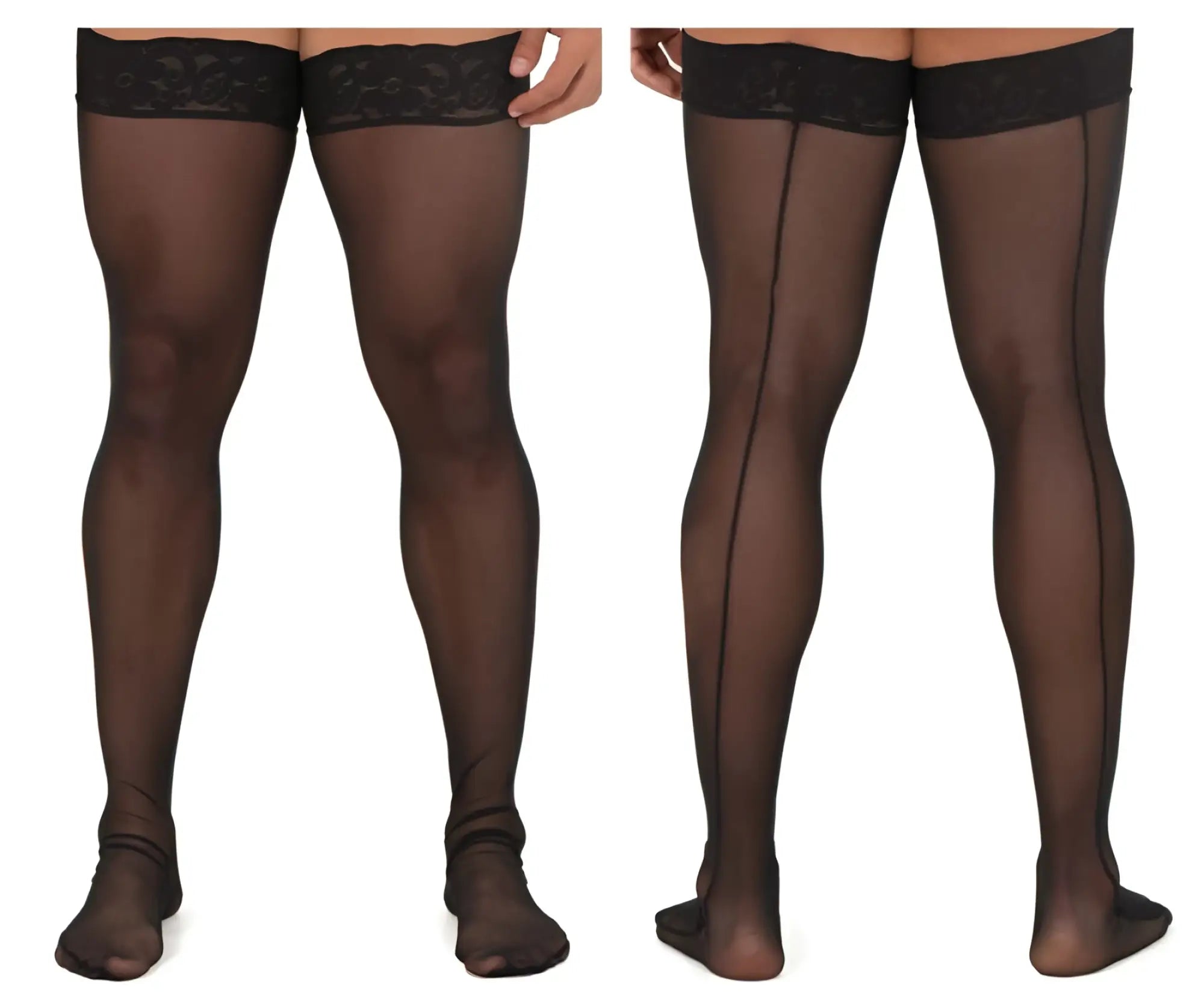 CandyMan 99533 black sheer mesh thigh highs with lace trim and central seam for elegant legwear